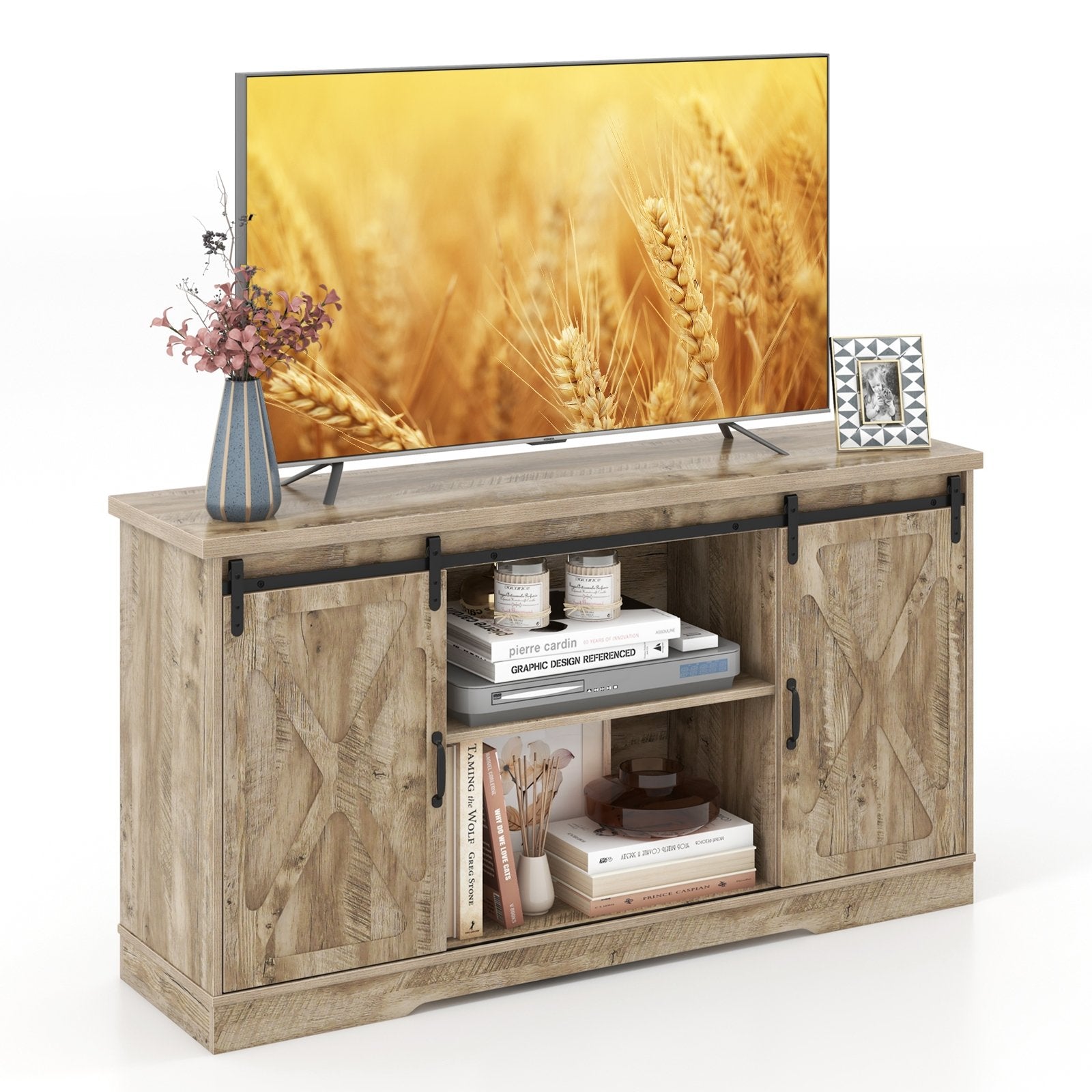 Farmhouse Entertainment Center with Adjustable Shelves and Storage Cabinet, Gray Entertainment Centers & TV Stands   at Gallery Canada