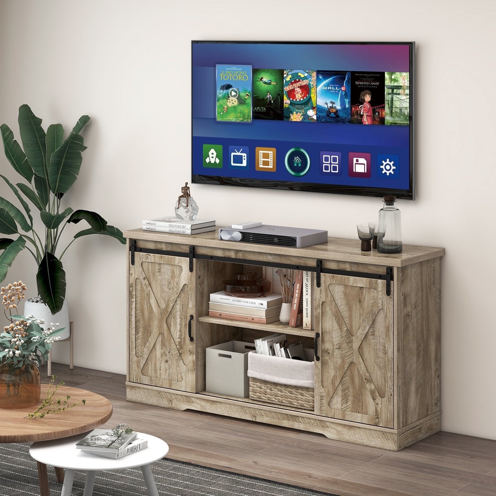 Farmhouse Entertainment Center with Adjustable Shelves and Storage Cabinet, Gray Entertainment Centers & TV Stands   at Gallery Canada