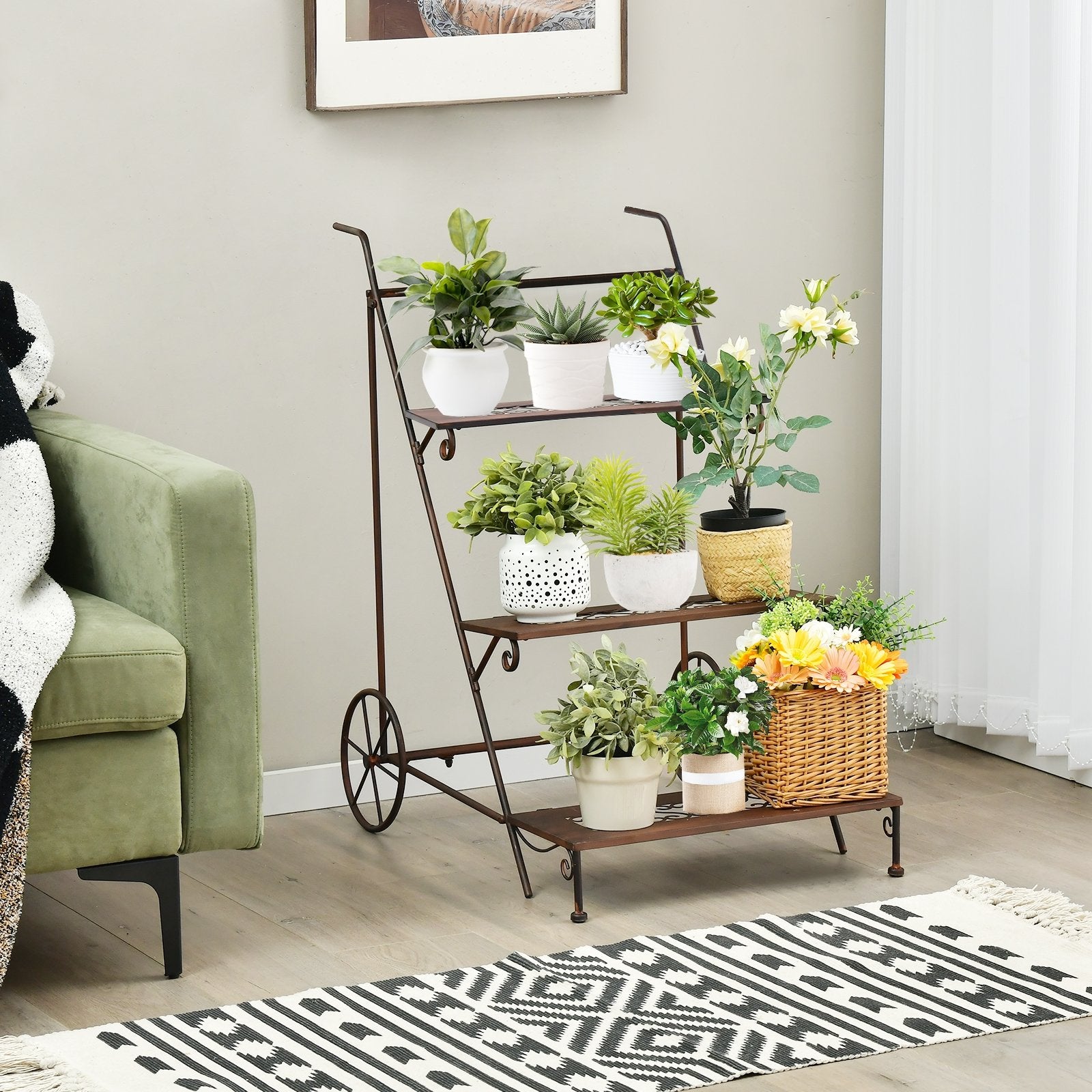 3-Tier Metal Plant Stand with Wheels and Handle for Balcony, Black Plant Stands   at Gallery Canada