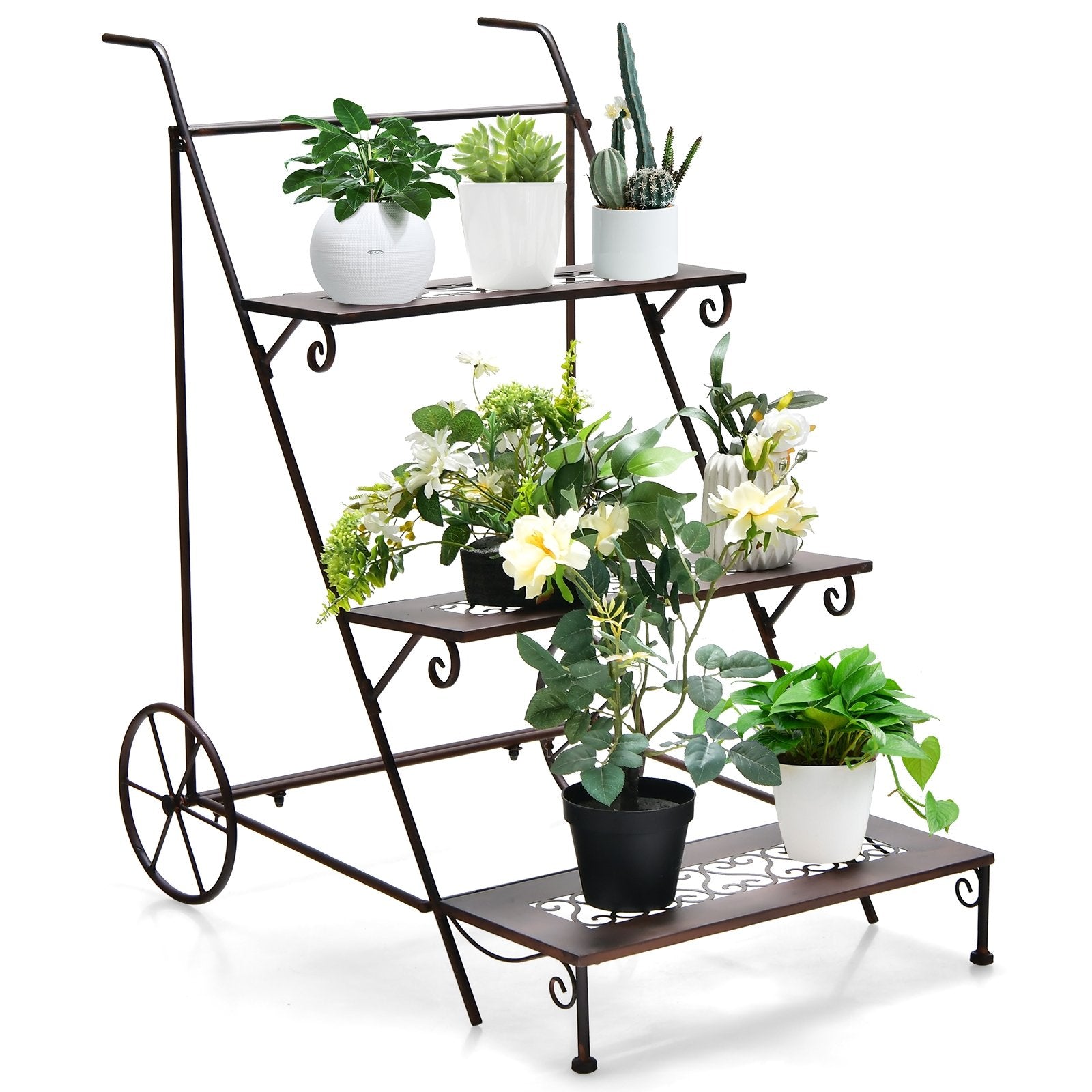 3-Tier Metal Plant Stand with Wheels and Handle for Balcony, Black Plant Stands   at Gallery Canada