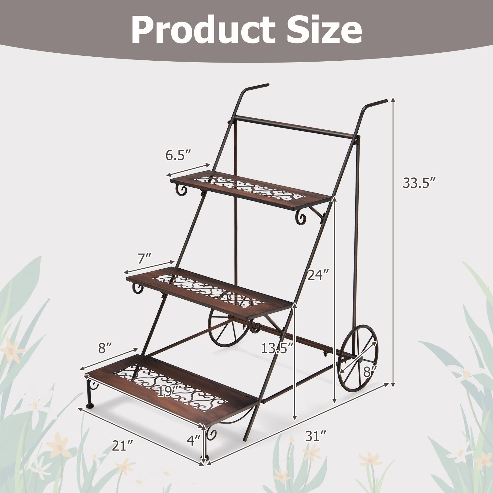 3-Tier Metal Plant Stand with Wheels and Handle for Balcony, Black Plant Stands   at Gallery Canada