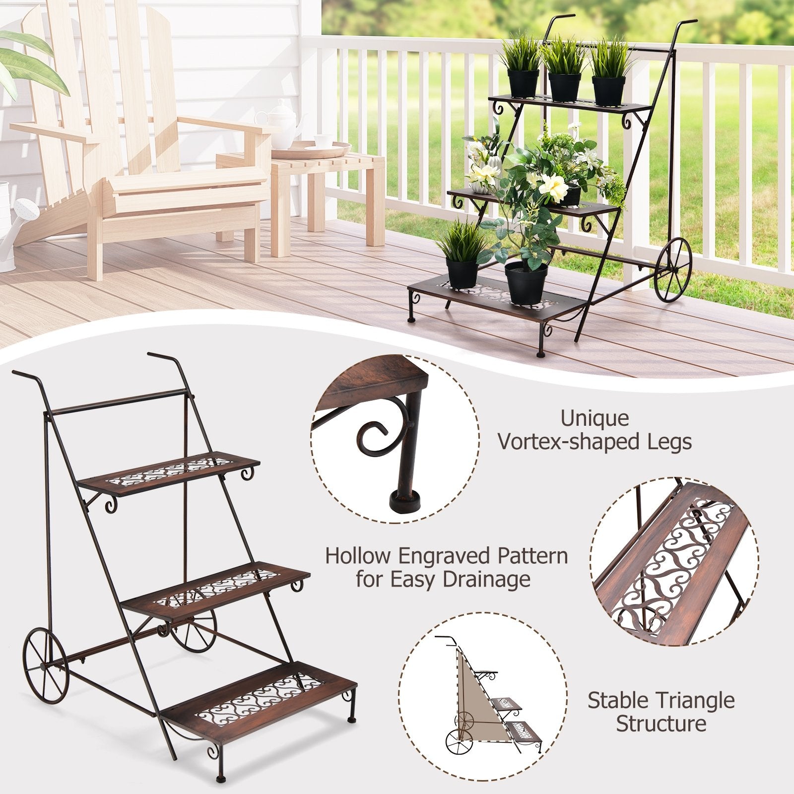 3-Tier Metal Plant Stand with Wheels and Handle for Balcony, Black Plant Stands   at Gallery Canada