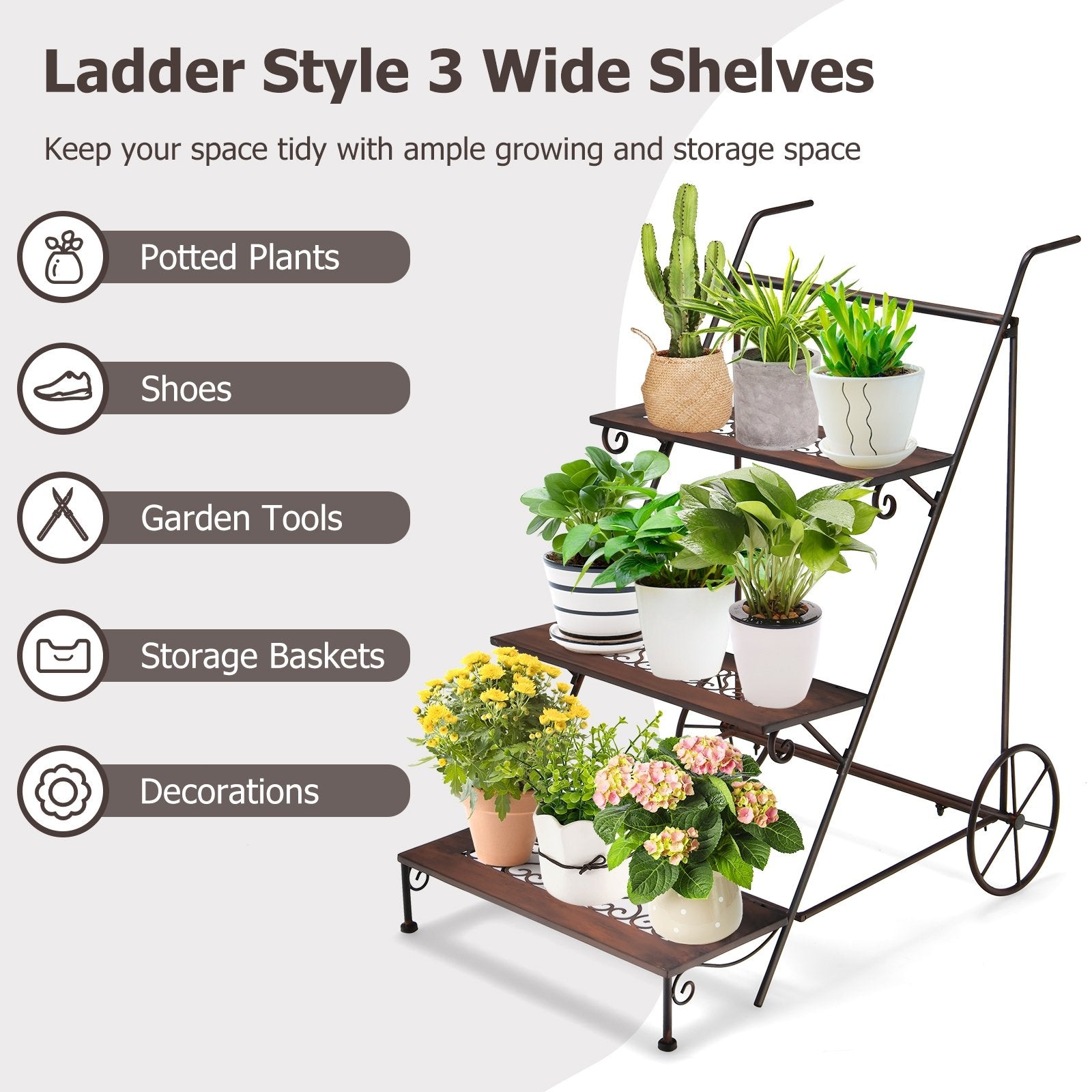 3-Tier Metal Plant Stand with Wheels and Handle for Balcony, Black Plant Stands   at Gallery Canada