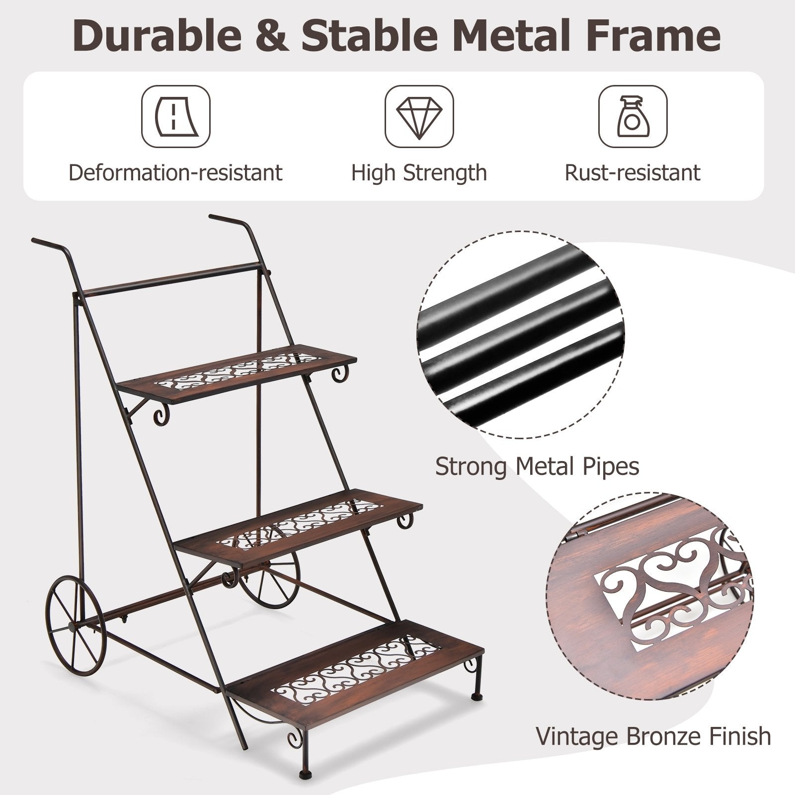 3-Tier Metal Plant Stand with Wheels and Handle for Balcony, Black Plant Stands   at Gallery Canada