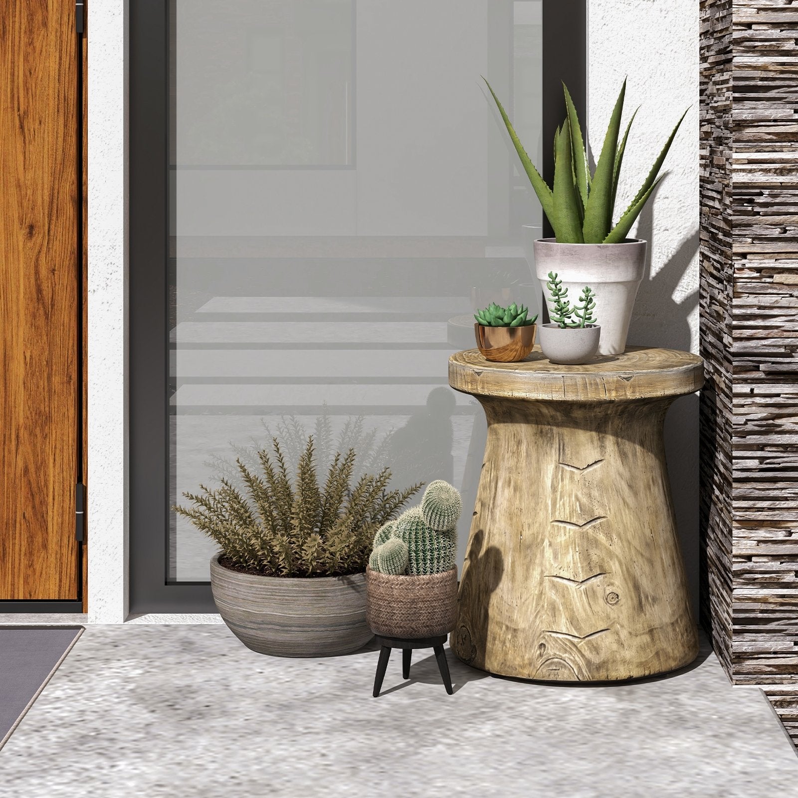 Weather Resident Rock End Table with Wood Grain for Living Room, Natural Patio Tables   at Gallery Canada