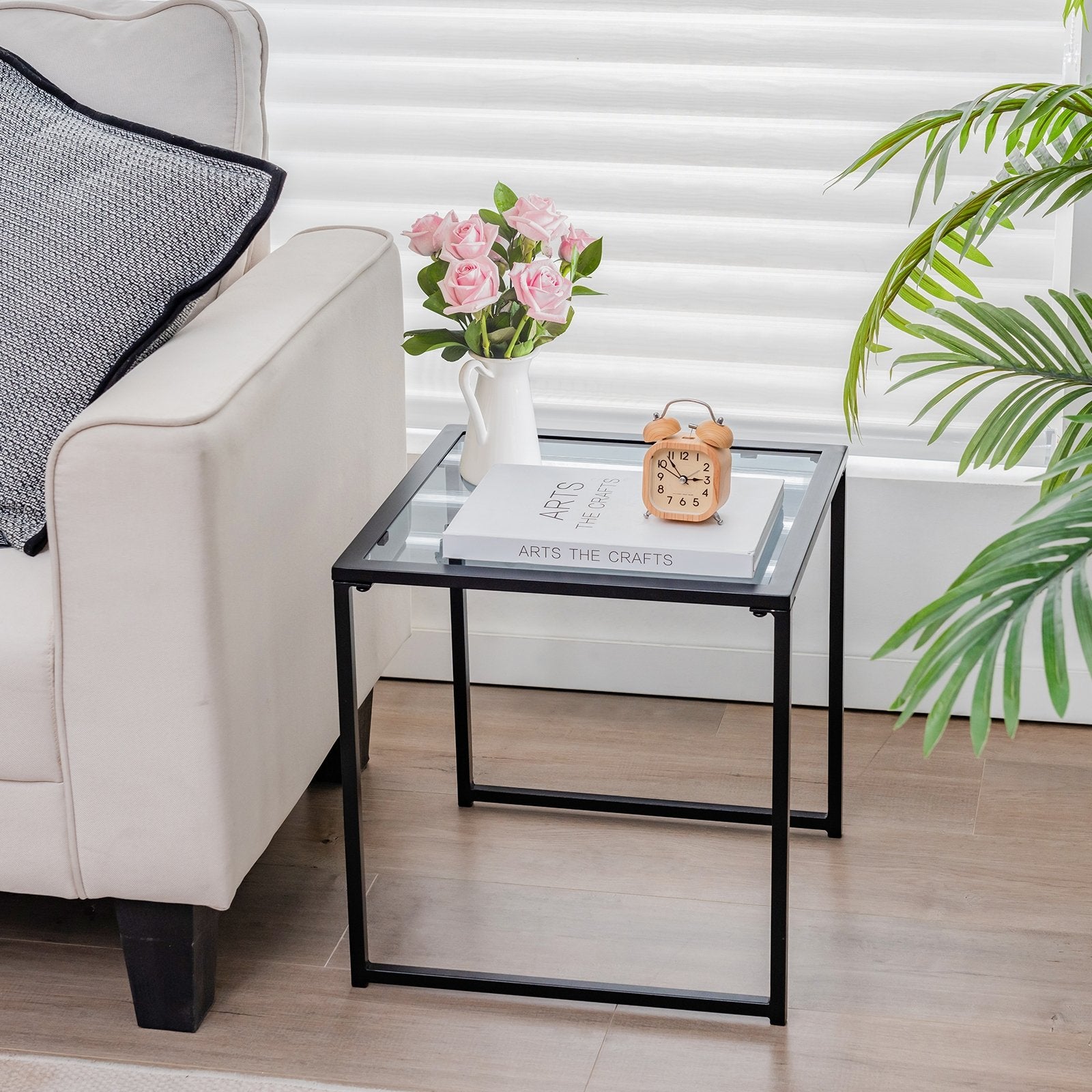 Tempered Glass Side Table with Metal Frame for Indoor and Outdoor, Black End & Side Tables   at Gallery Canada