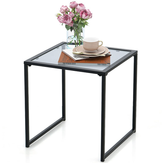 Tempered Glass Side Table with Metal Frame for Indoor and Outdoor, Black - Gallery Canada