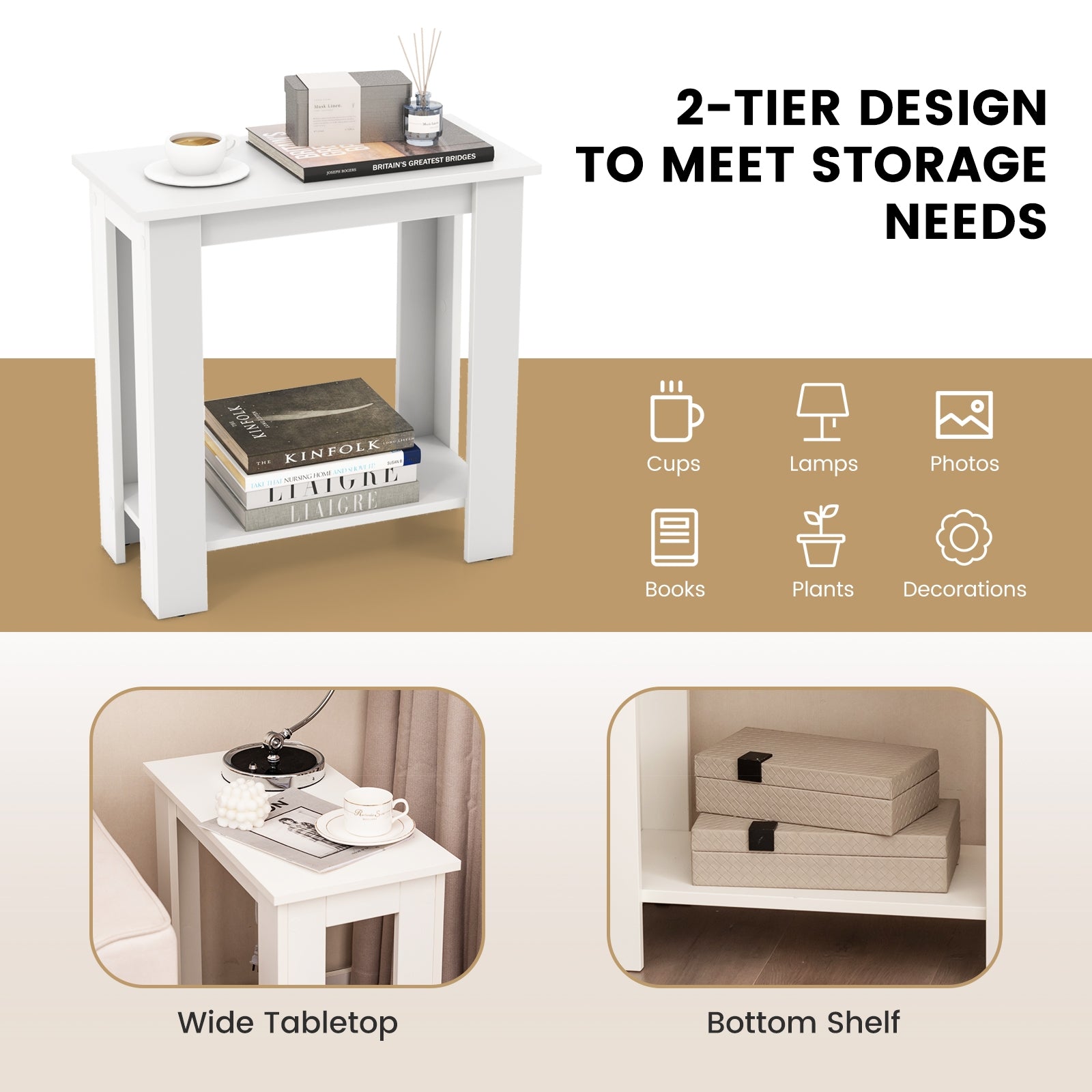 2-Tier Modern Compact End Table with Storage Shelf, White End & Side Tables   at Gallery Canada