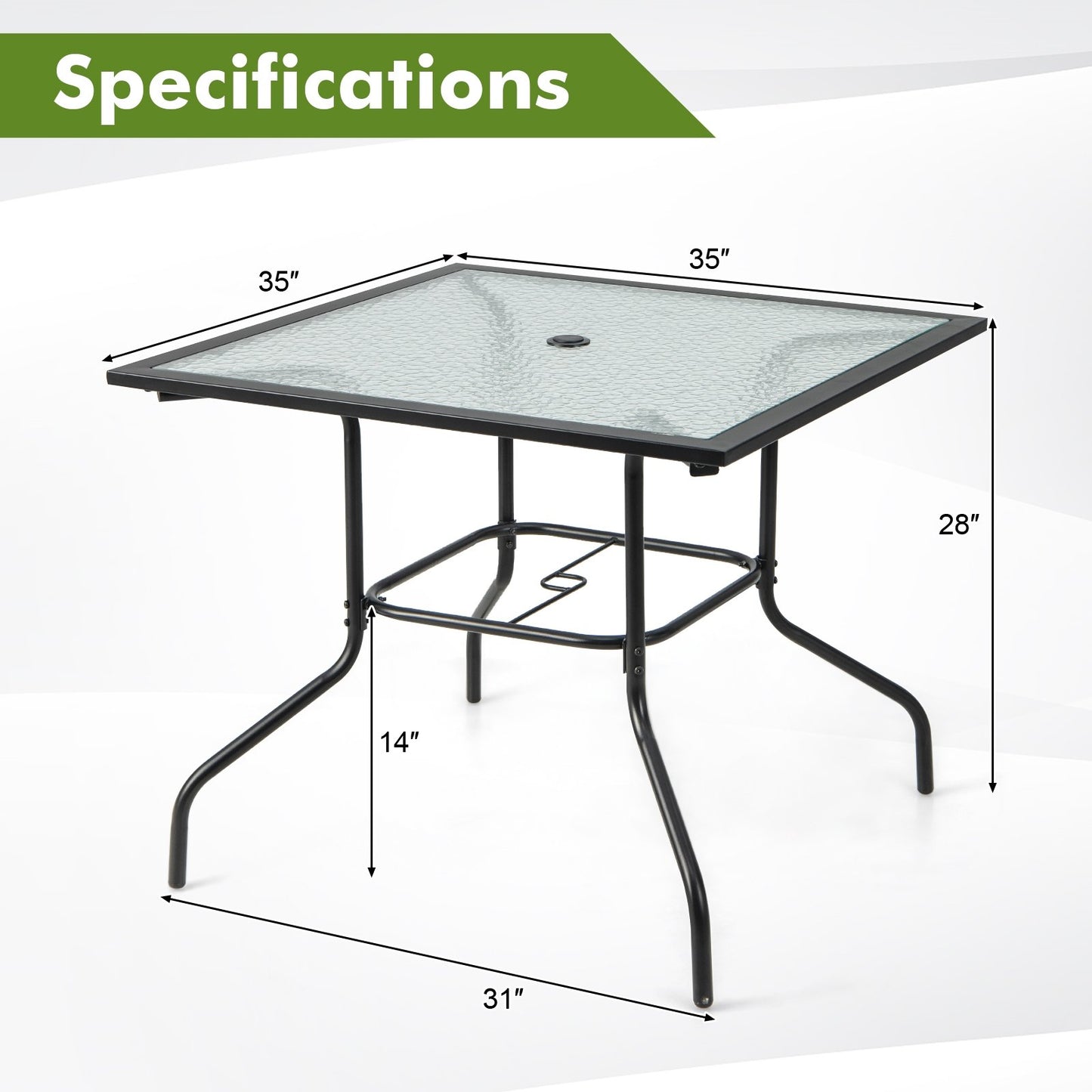 35 x 35 Inch Patio Dining Table with 1.5" Umbrella Hole (Umbrella NOT Included), Black - Gallery Canada