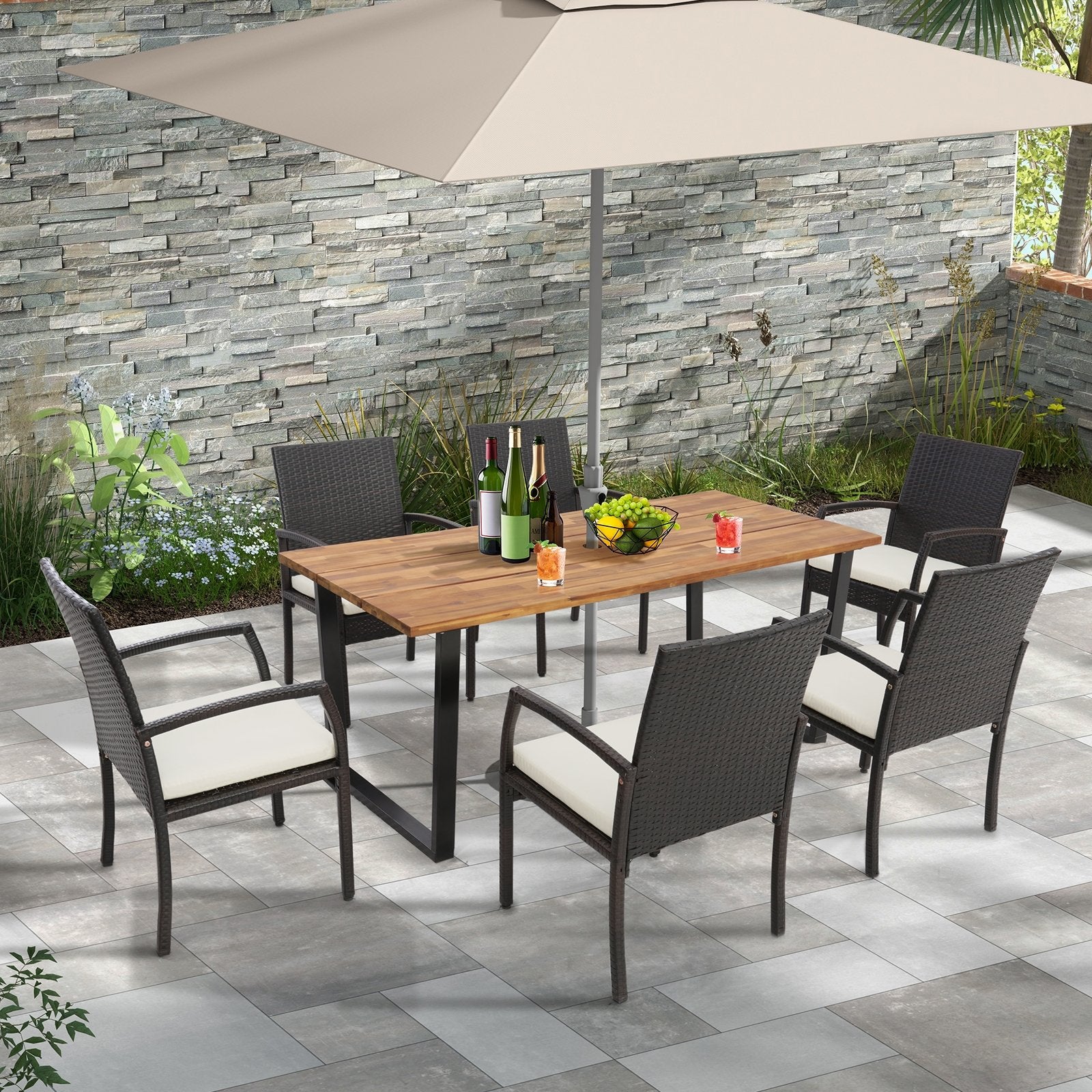 7 Pieces Patio Rattan Dining Set with Umbrella Hole-L-shaped Handrail Patio Dining Sets   at Gallery Canada