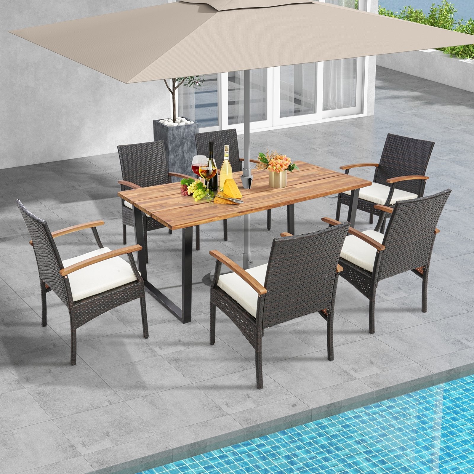 7 Pieces Outdoor Wicker Chair and Dining Table Set-Wood Handrail - Gallery Canada