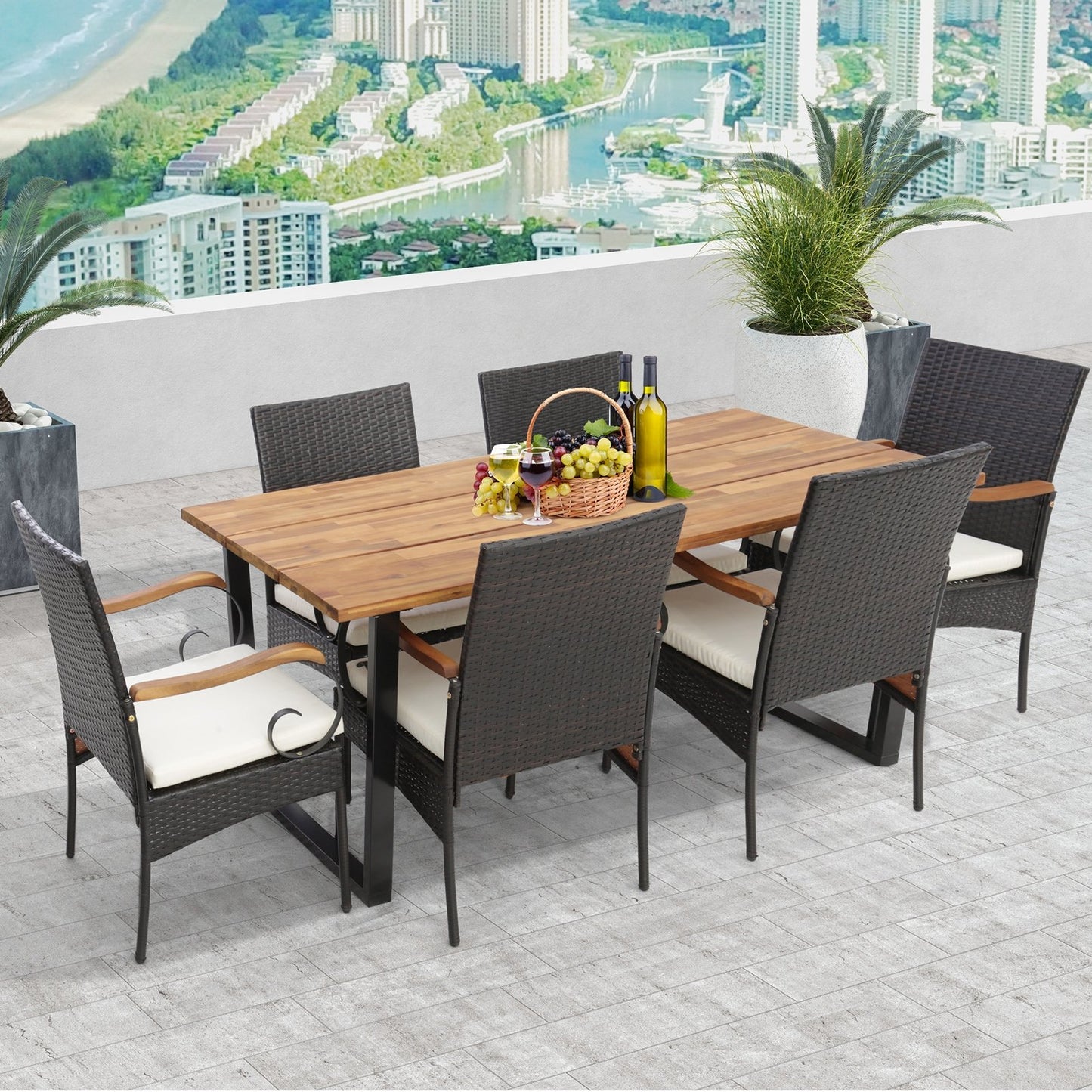 7 Pieces Patio Rattan Dining Set with 2 Inches Umbrella Hole-Curved Handrail, Multicolor Patio Dining Sets   at Gallery Canada