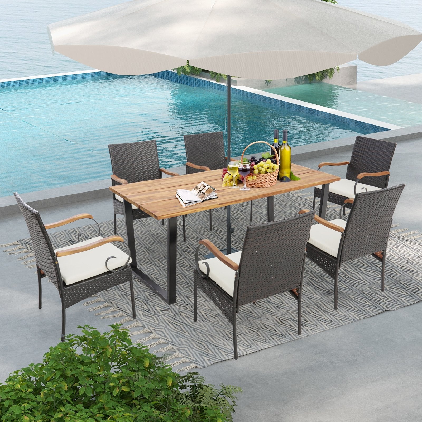 7 Pieces Patio Rattan Dining Set with 2 Inches Umbrella Hole-Curved Handrail, Multicolor Patio Dining Sets   at Gallery Canada