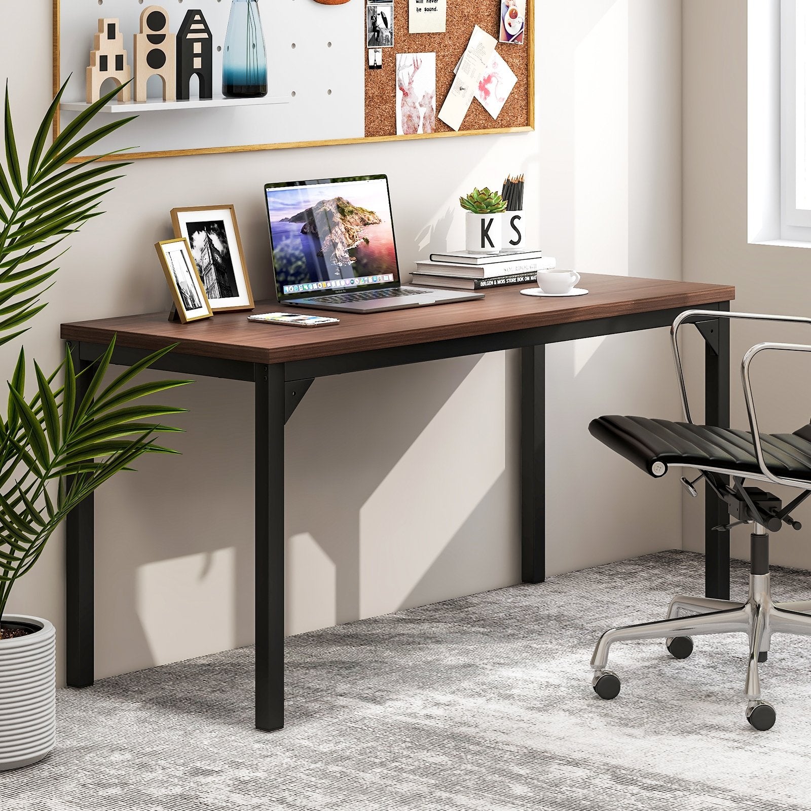 55 Inch Conference Table with Heavy-duty Metal Frame, Brown Writing Desks   at Gallery Canada