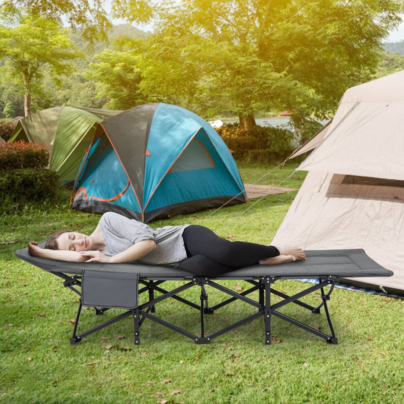 Folding Camping Cot with Carry Bag Cushion and Headrest, Gray Camping Furniture   at Gallery Canada