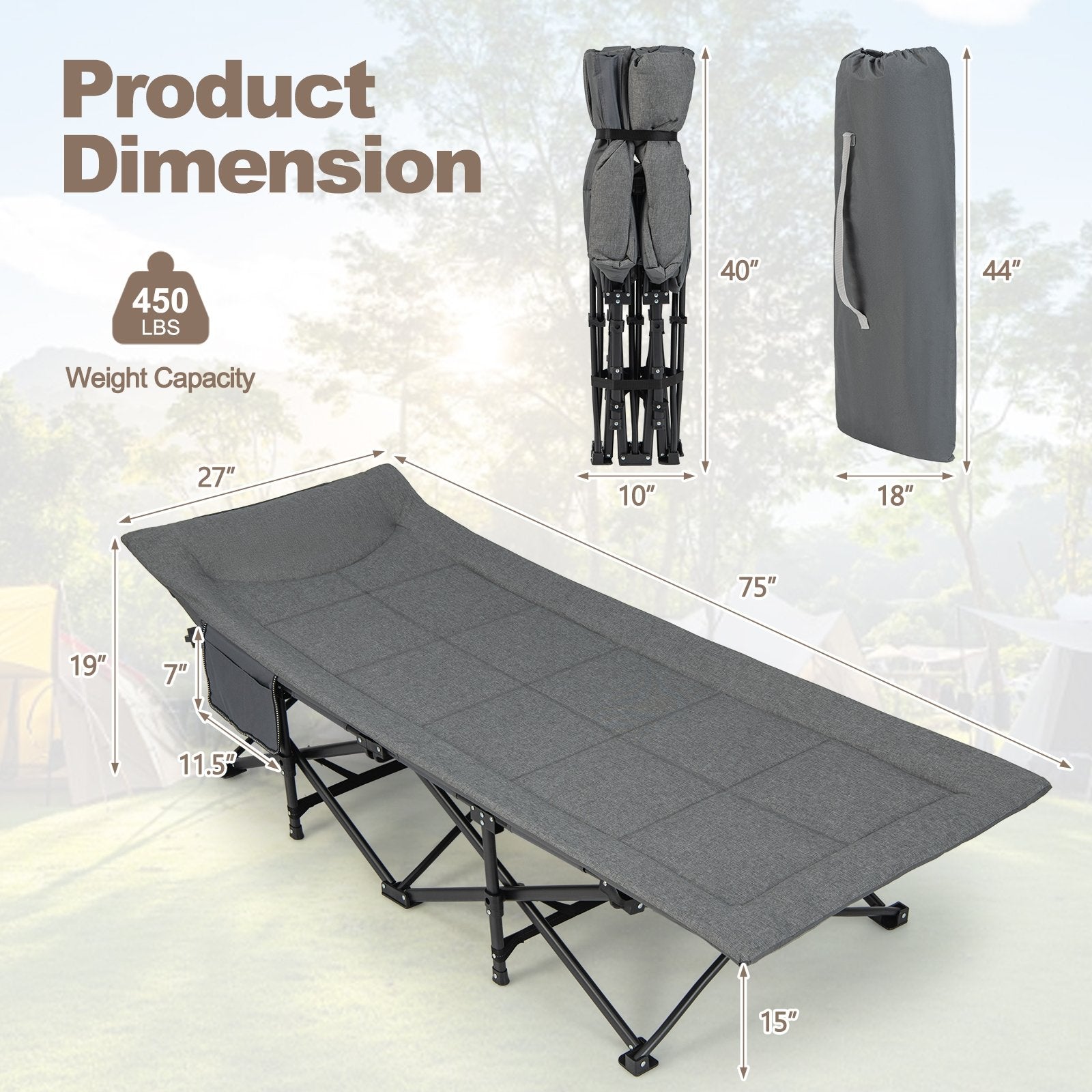 Folding Camping Cot with Carry Bag Cushion and Headrest, Gray Camping Furniture   at Gallery Canada