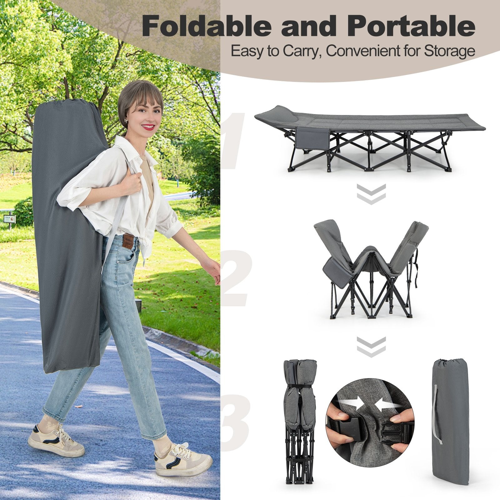 Folding Camping Cot with Carry Bag Cushion and Headrest, Gray Camping Furniture   at Gallery Canada