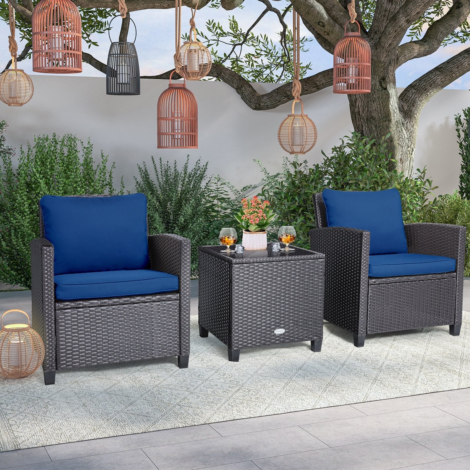 3 Pieces Rattan Patio Furniture Set with Washable Cushion, Dark Blue Patio Conversation Sets   at Gallery Canada