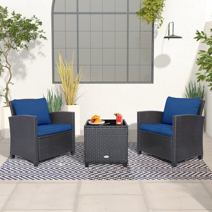 3 Pieces Rattan Patio Furniture Set with Washable Cushion, Dark Blue Patio Conversation Sets   at Gallery Canada