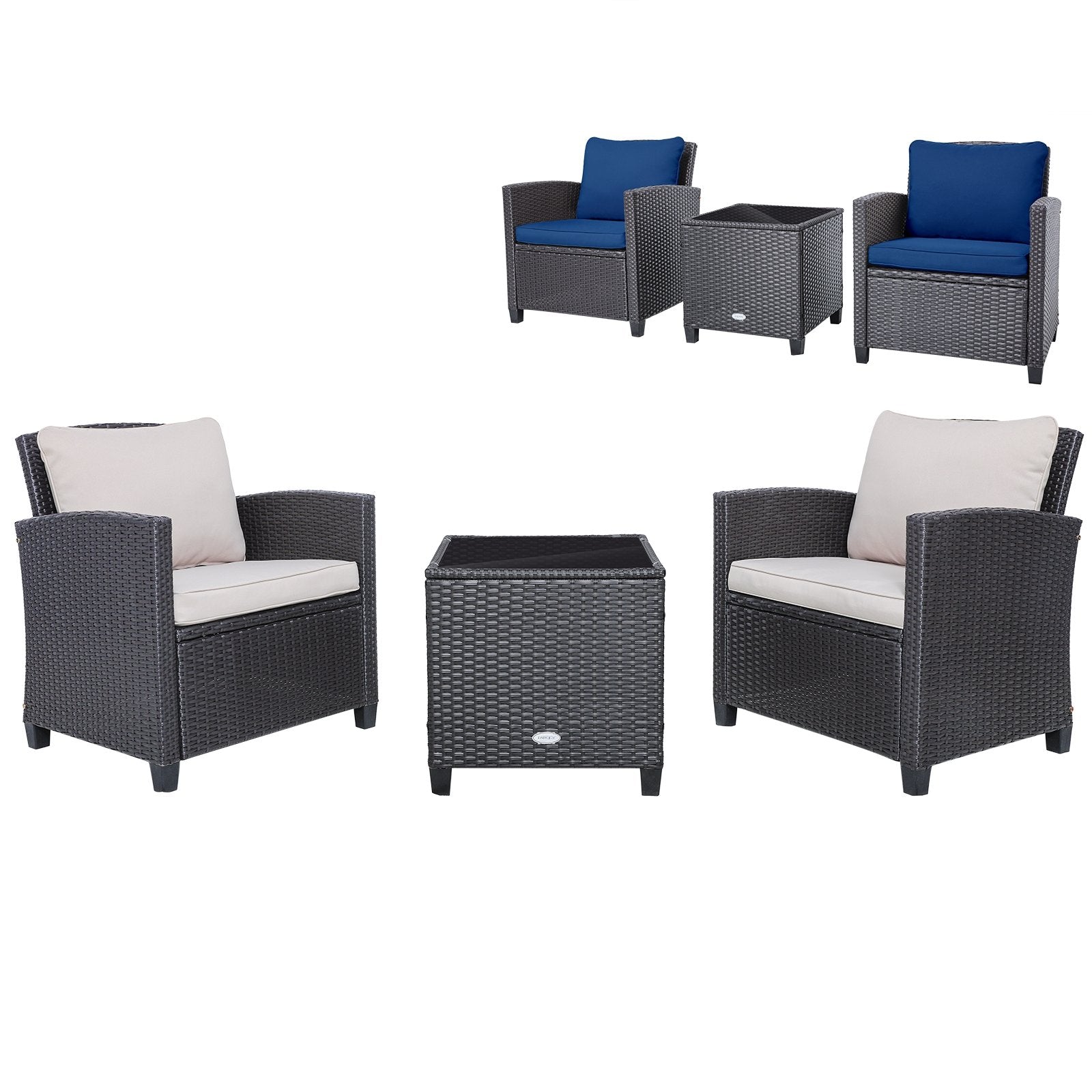 3 Pieces Rattan Patio Furniture Set with Washable Cushion, Dark Blue Patio Conversation Sets   at Gallery Canada