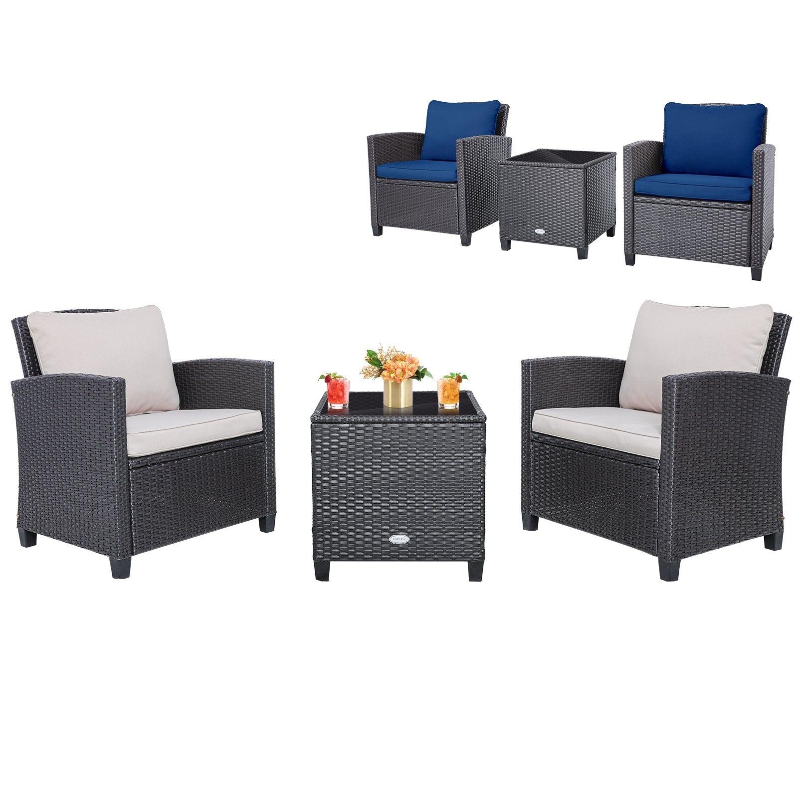 3 Pieces Rattan Patio Furniture Set with Washable Cushion, Dark Blue Patio Conversation Sets   at Gallery Canada