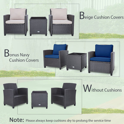 3 Pieces Rattan Patio Furniture Set with Washable Cushion, Dark Blue Patio Conversation Sets   at Gallery Canada