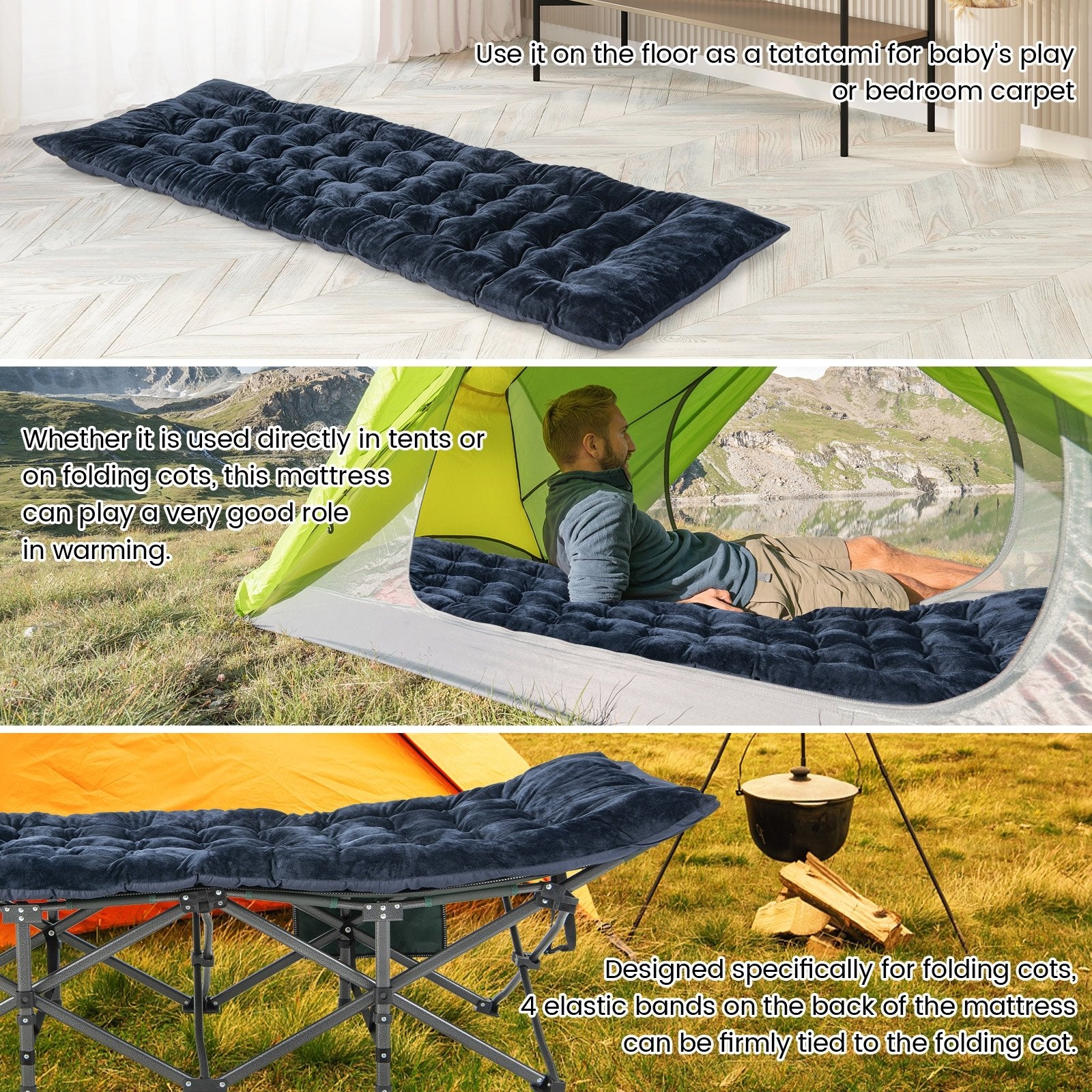 75 x 27.5 Inch Camping Cot Pads with Soft and Breathable Crystal Velvet, Navy Camping Furniture   at Gallery Canada