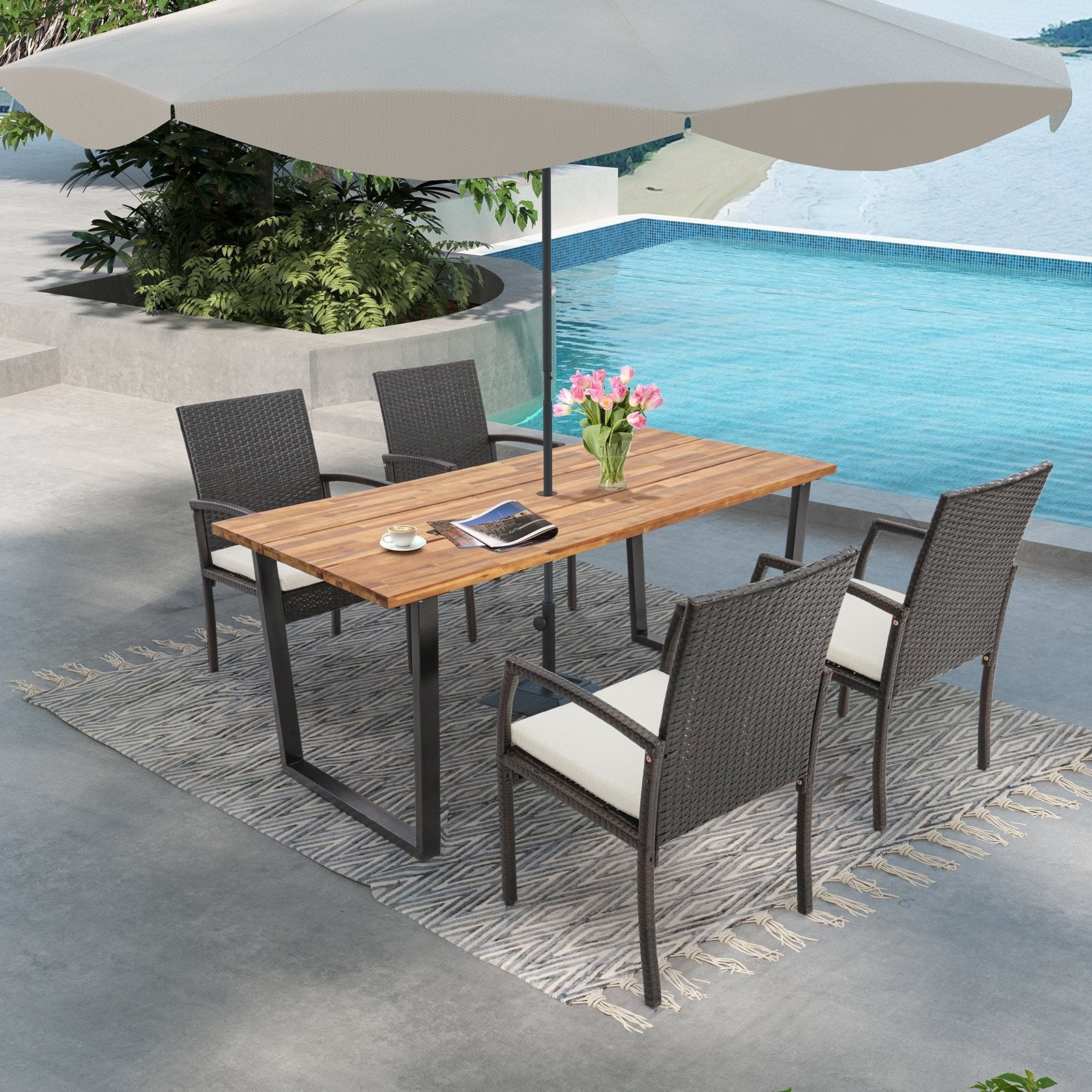 5 Pieces Patio Rattan Dining Set with Umbrella Hole and Seat Cushions, Multicolor Patio Dining Sets   at Gallery Canada