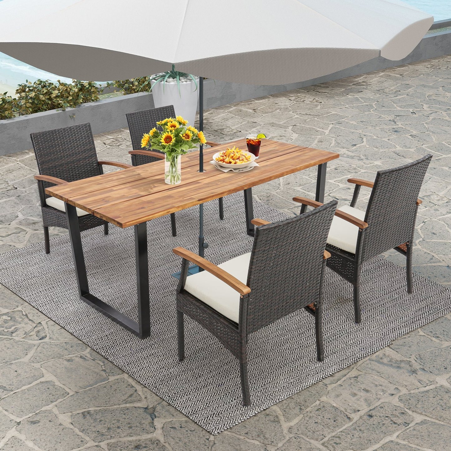 5 Pieces Patio Wicker Chair and Dining Table Set with 2 Inch Umbrella Hole, Multicolor Patio Dining Sets   at Gallery Canada