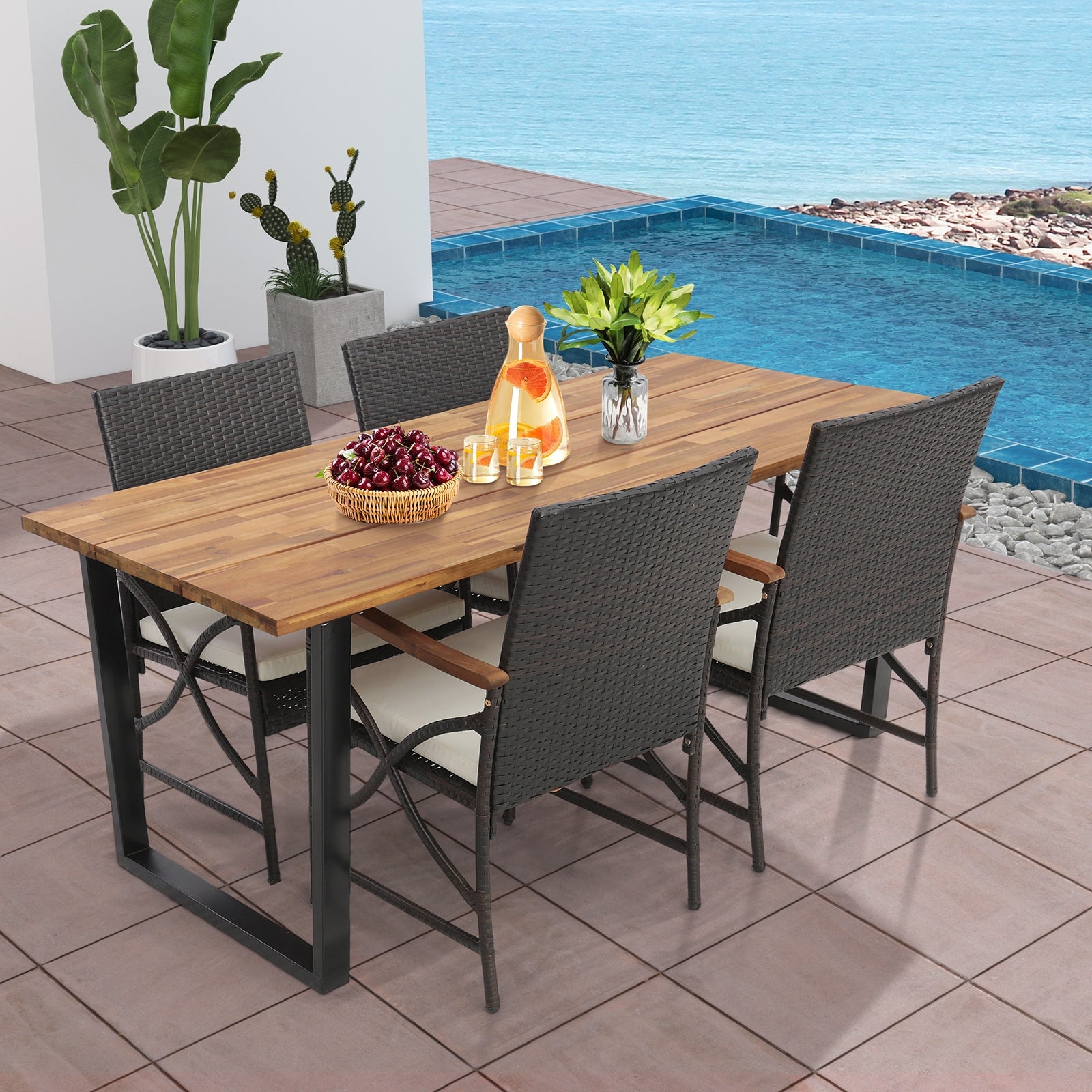 5 Pieces Patio Rattan Dining Set with Acacia Wood Tabletop and Armrests, Multicolor Patio Dining Sets   at Gallery Canada