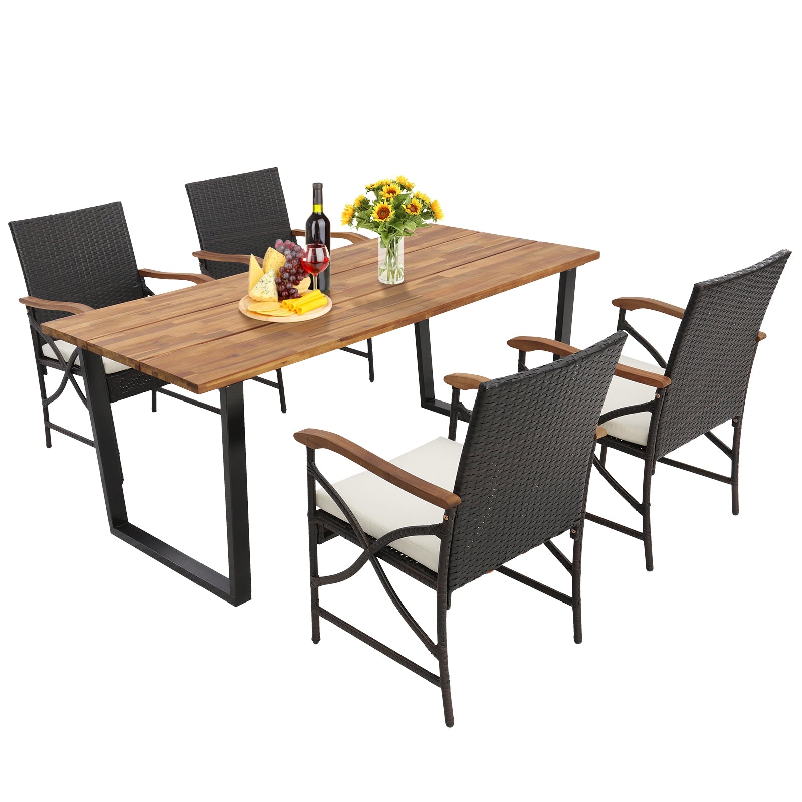 5 Pieces Patio Rattan Dining Set with Acacia Wood Tabletop and Armrests, Multicolor Patio Dining Sets Multicolor  at Gallery Canada