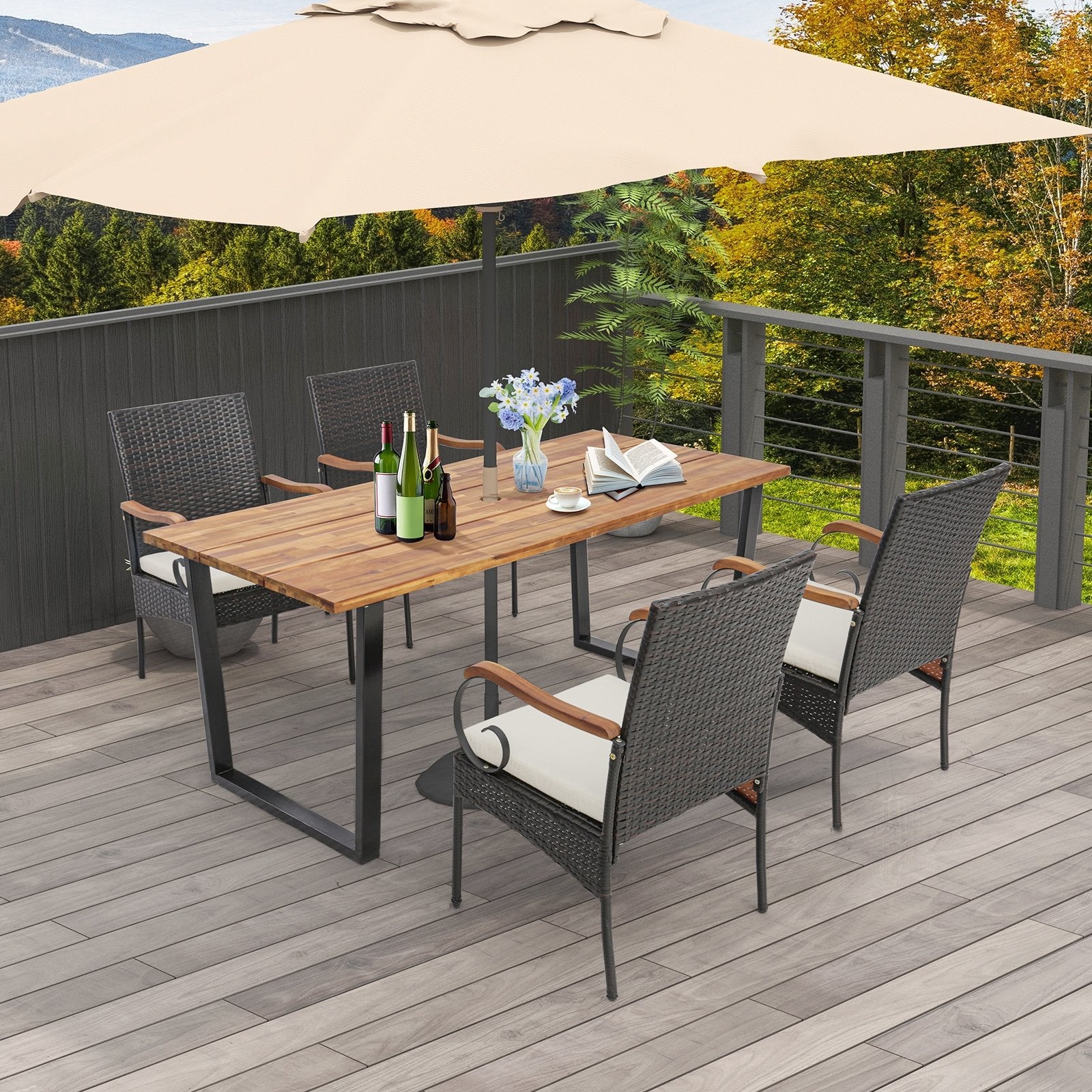 5 Pieces Patio Rattan Dining Set with Umbrella Hole for Poolside Backyard, Multicolor Patio Dining Sets   at Gallery Canada