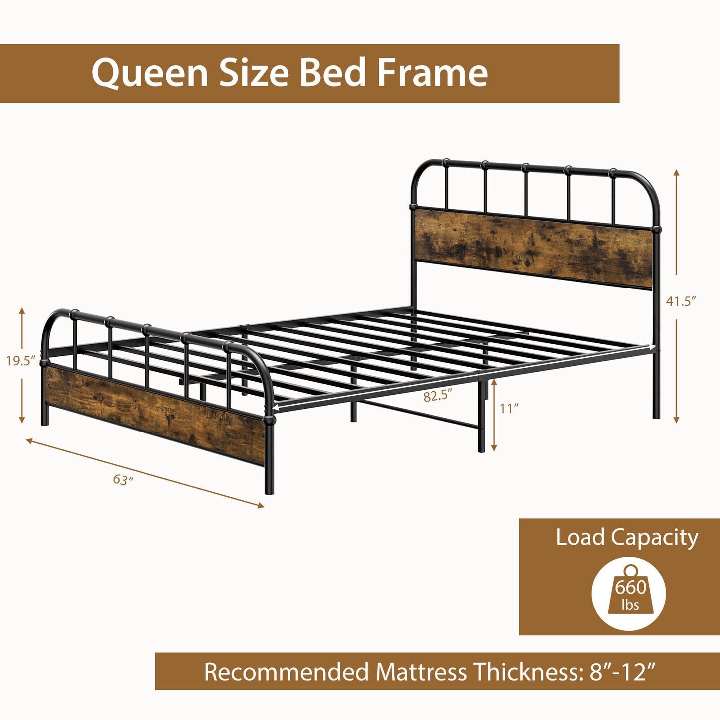 Queen Size Industrial Metal Platform Bed Frame Headboard Mattress Foundation, Black Simple Bed Frame   at Gallery Canada