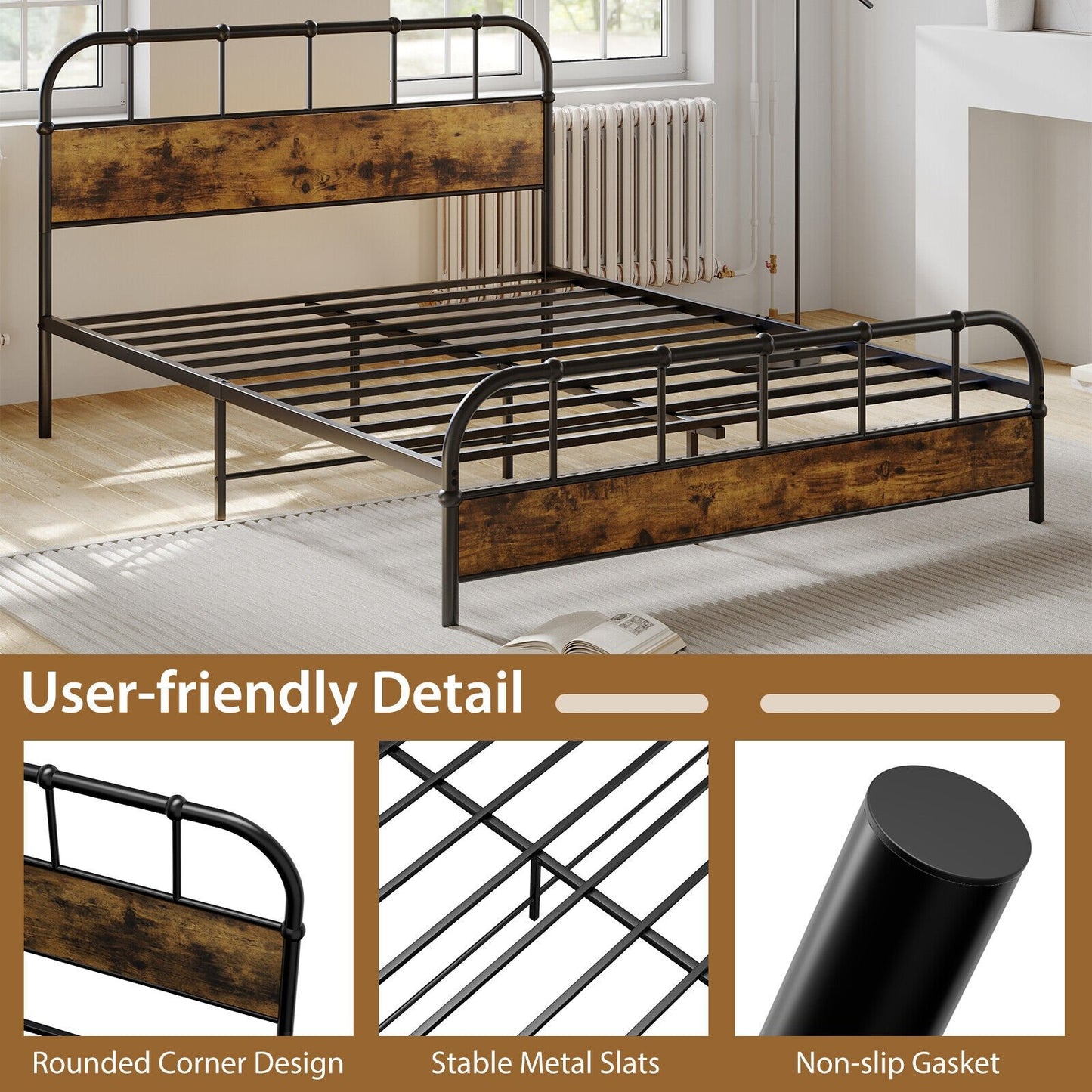 Queen Size Industrial Metal Platform Bed Frame Headboard Mattress Foundation, Black Simple Bed Frame   at Gallery Canada