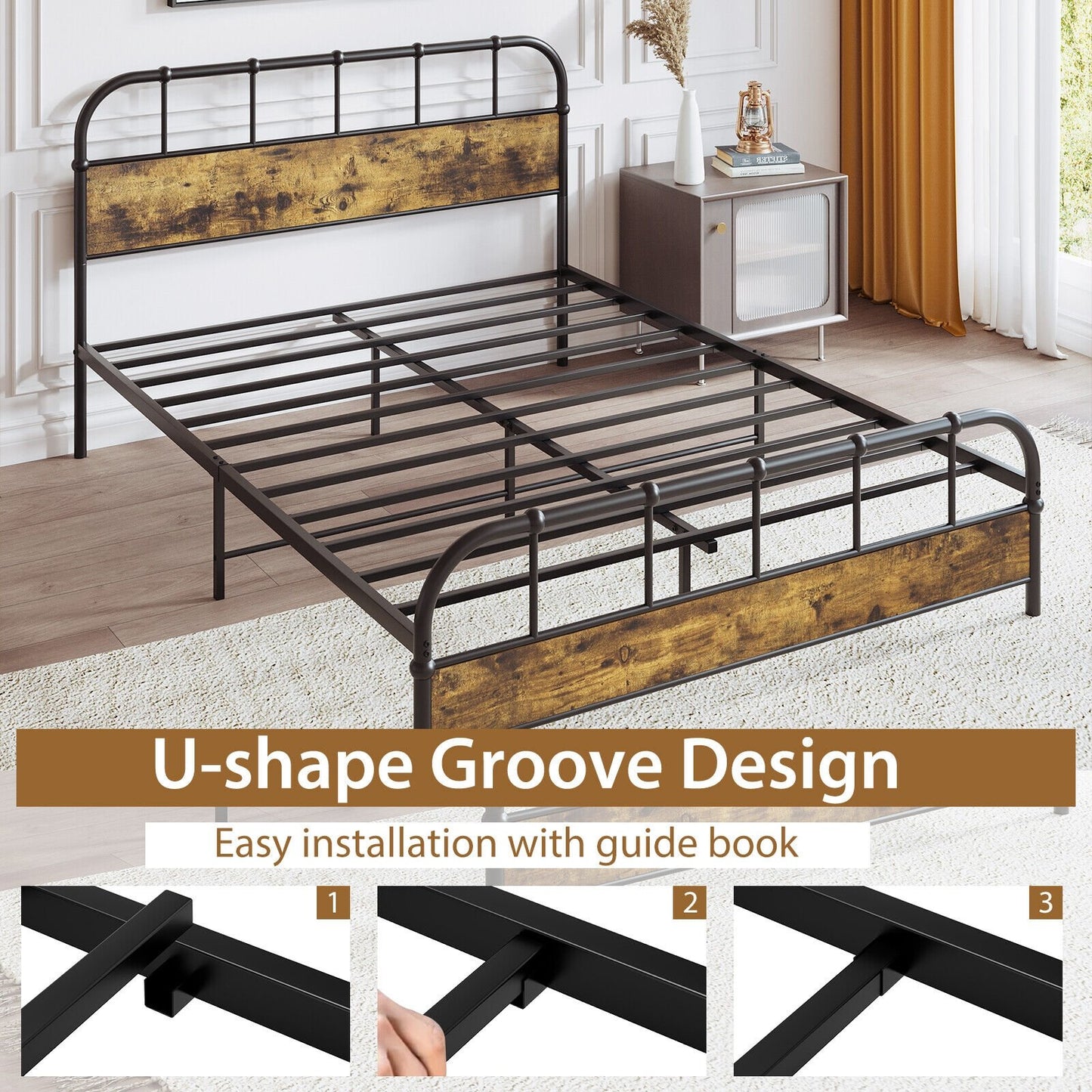 Queen Size Industrial Metal Platform Bed Frame Headboard Mattress Foundation, Black Simple Bed Frame   at Gallery Canada