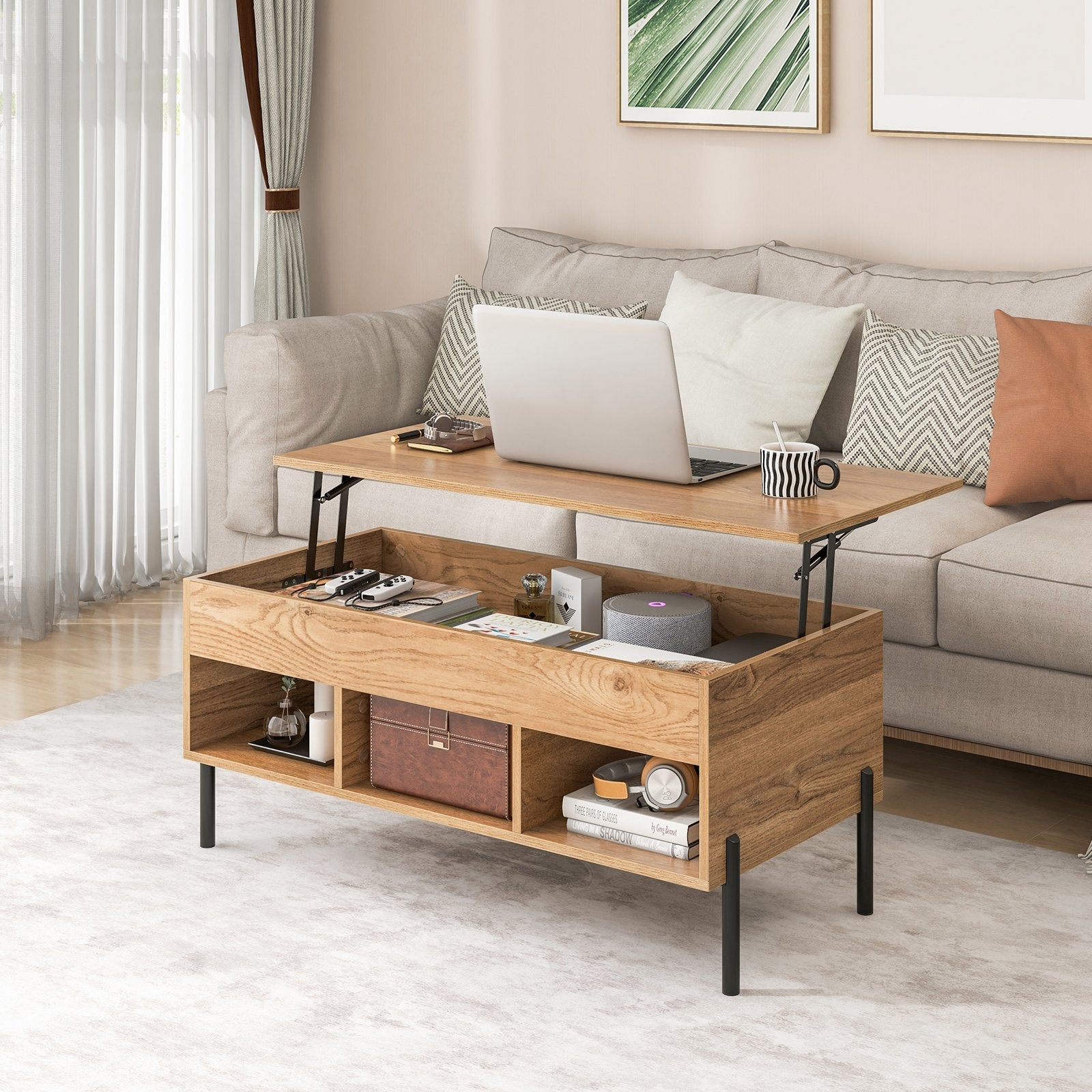 Living Room Central Table with Lifting Tabletop and Metal Legs, Natural Coffee Tables   at Gallery Canada