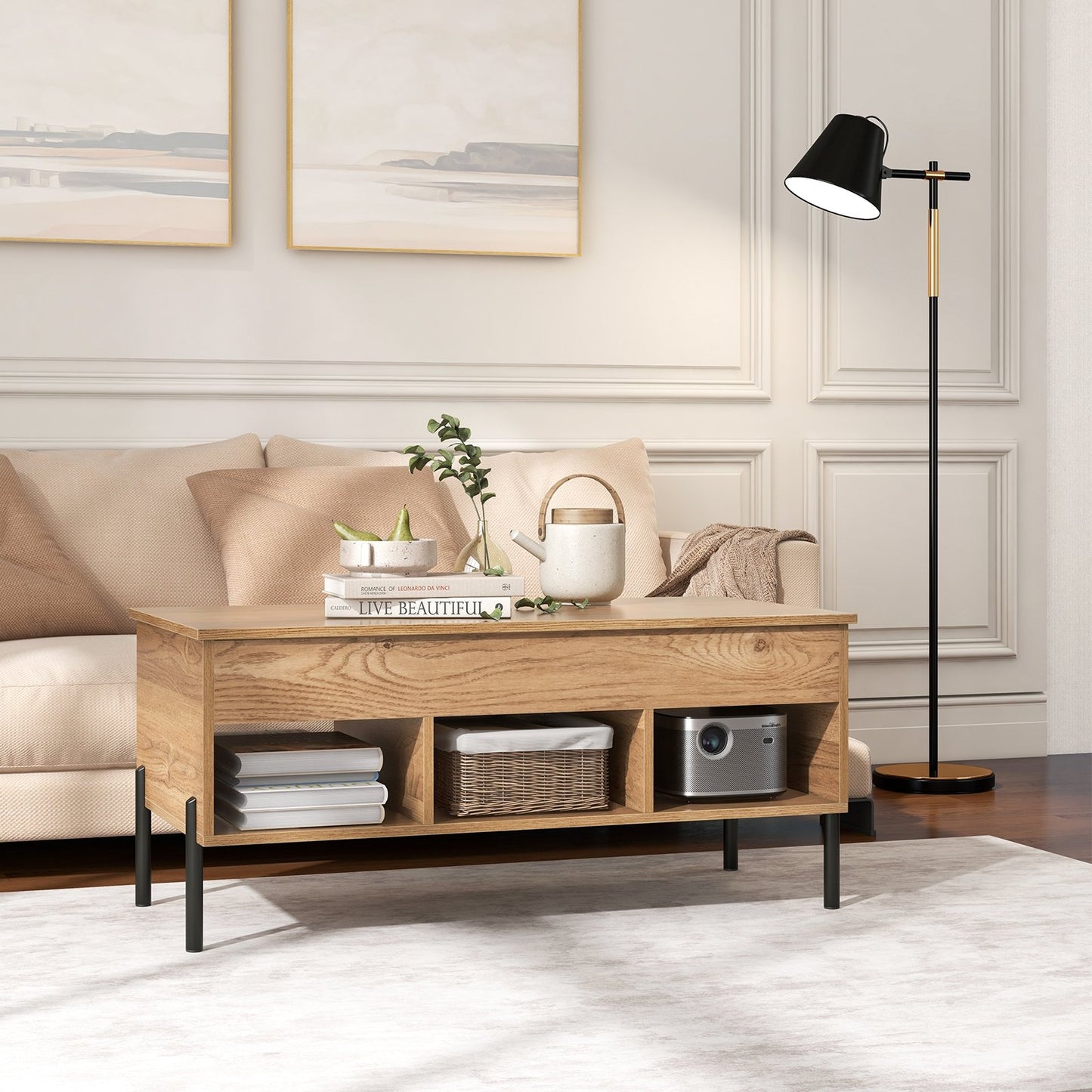 Living Room Central Table with Lifting Tabletop and Metal Legs, Natural Coffee Tables   at Gallery Canada