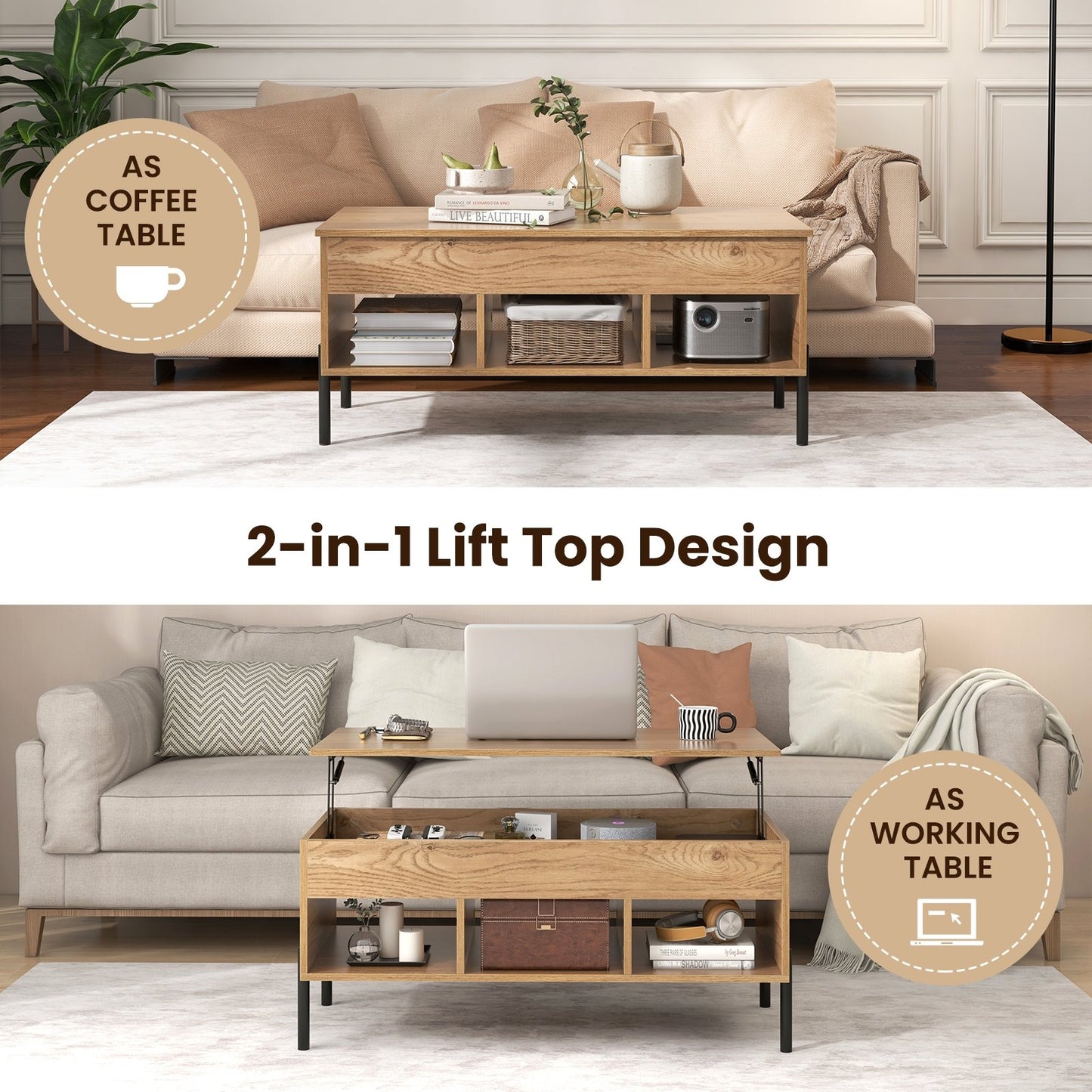 Living Room Central Table with Lifting Tabletop and Metal Legs, Natural Coffee Tables   at Gallery Canada