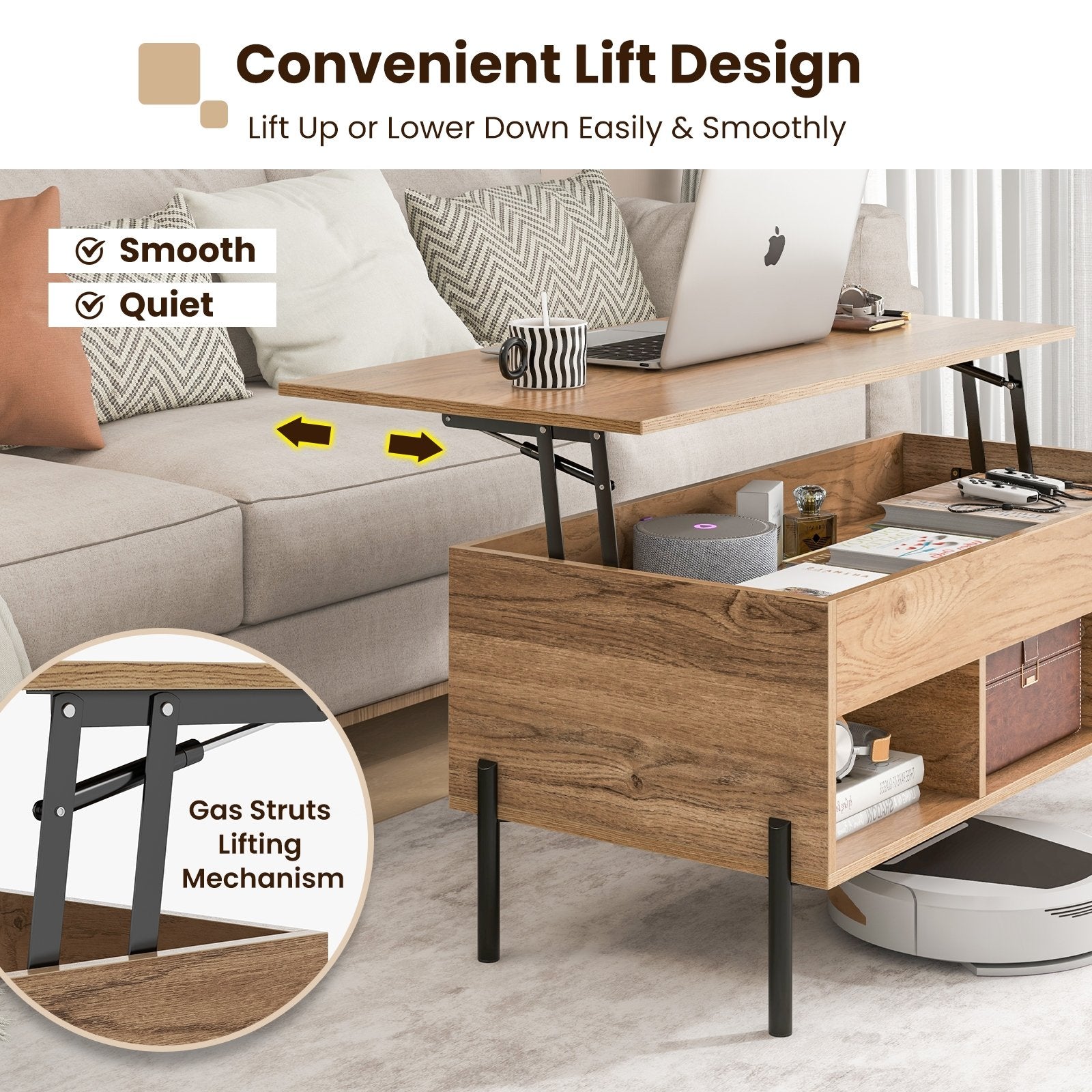 Living Room Central Table with Lifting Tabletop and Metal Legs, Natural Coffee Tables   at Gallery Canada