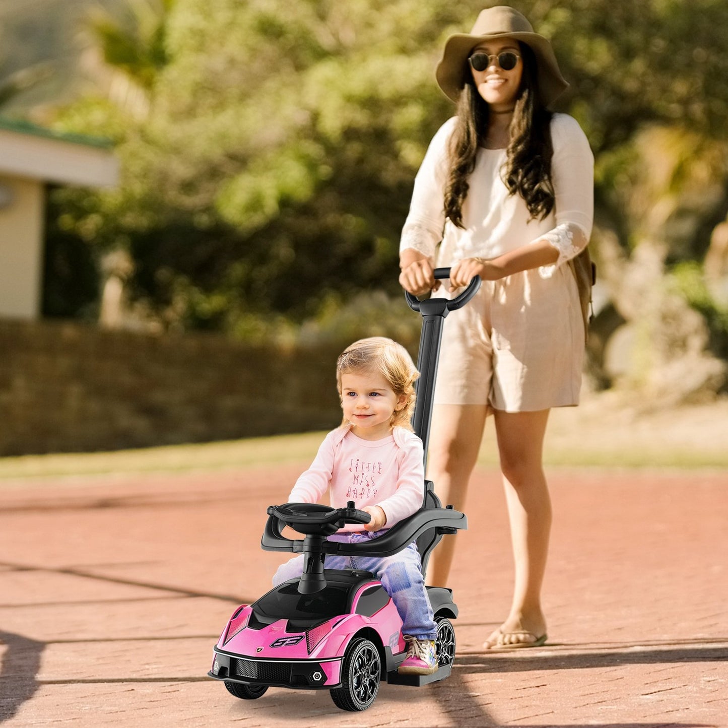 3-in-1 Licensed Lamborghini Ride on Push Car with Handle Guardrail, Pink Push & Pedal Ride On Toys   at Gallery Canada