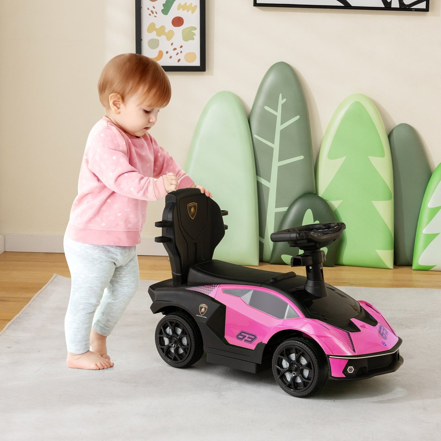 3-in-1 Licensed Lamborghini Ride on Push Car with Handle Guardrail, Pink Push & Pedal Ride On Toys   at Gallery Canada