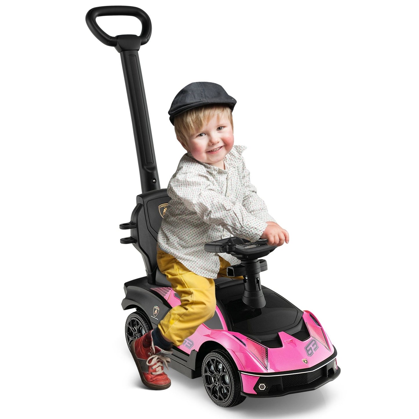 3-in-1 Licensed Lamborghini Ride on Push Car with Handle Guardrail, Pink Push & Pedal Ride On Toys   at Gallery Canada