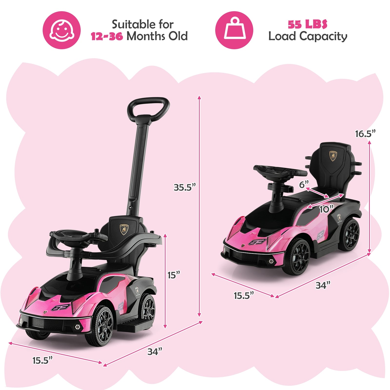 3-in-1 Licensed Lamborghini Ride on Push Car with Handle Guardrail, Pink Push & Pedal Ride On Toys at Gallery Canada
