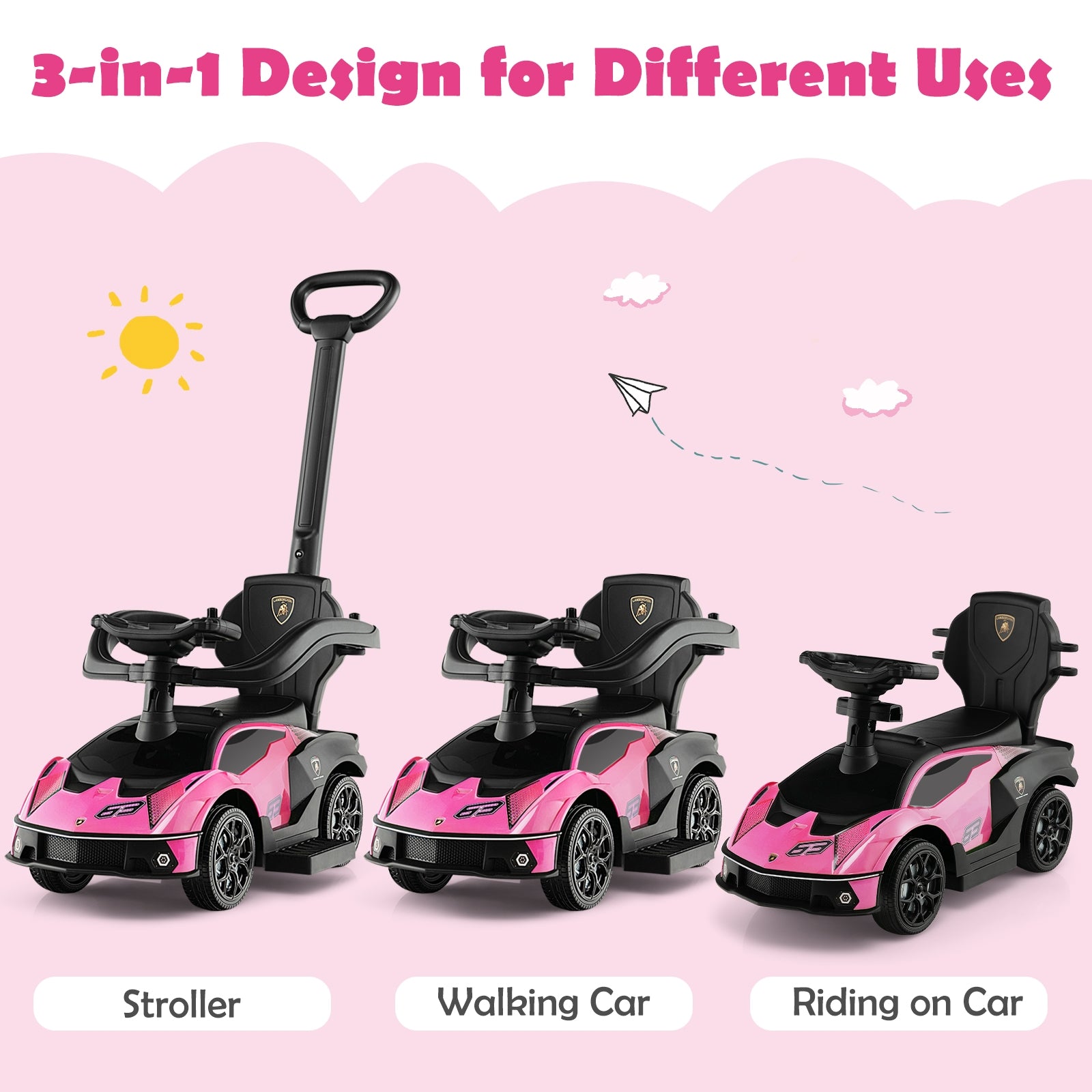 3-in-1 Licensed Lamborghini Ride on Push Car with Handle Guardrail, Pink Push & Pedal Ride On Toys at Gallery Canada