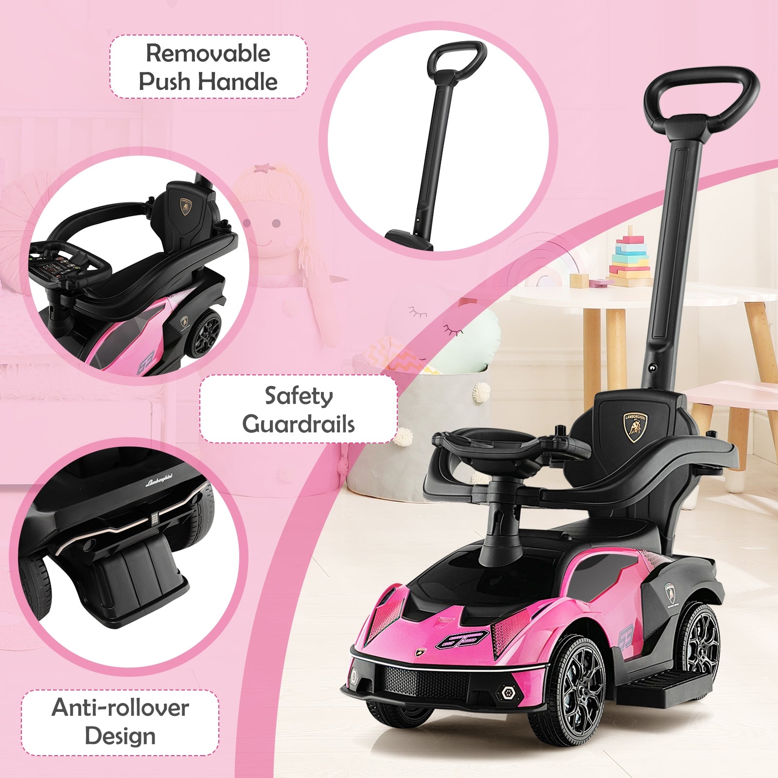 3-in-1 Licensed Lamborghini Ride on Push Car with Handle Guardrail, Pink Push & Pedal Ride On Toys at Gallery Canada