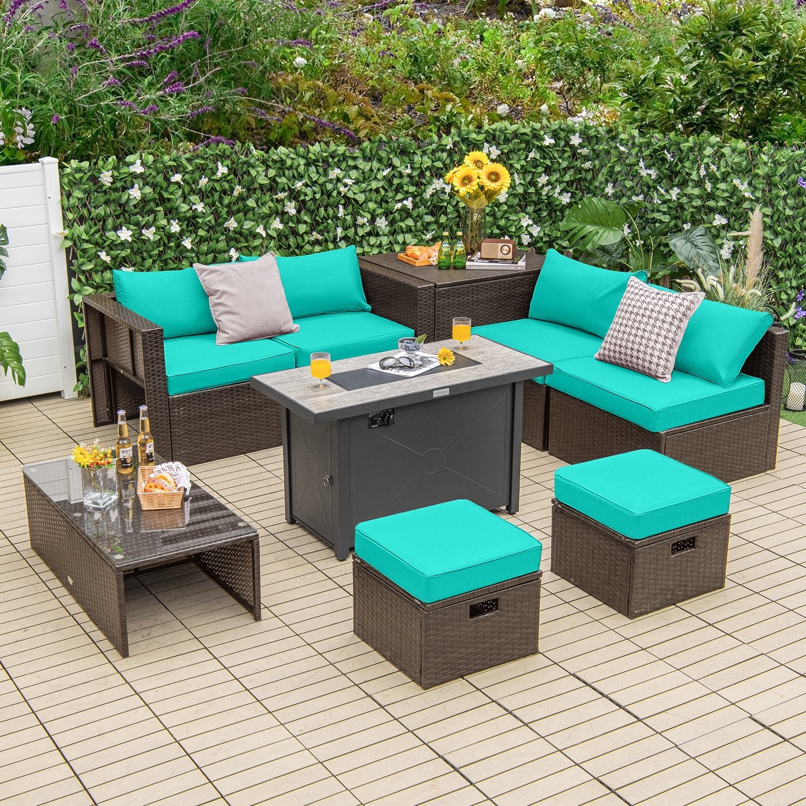 9 Pieces Outdoor Patio Furniture Set with 42 Inch Propane Fire Pit Table, Turquoise Patio Conversation Sets   at Gallery Canada