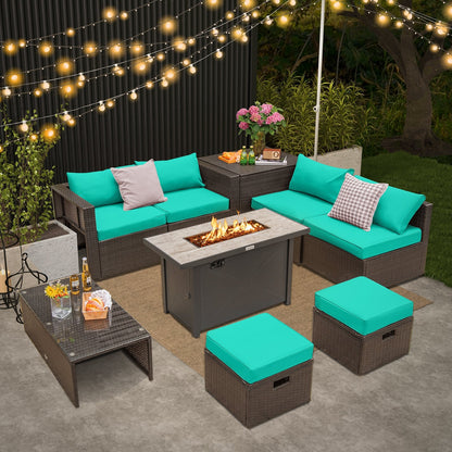 9 Pieces Outdoor Patio Furniture Set with 42 Inch Propane Fire Pit Table, Turquoise Patio Conversation Sets   at Gallery Canada