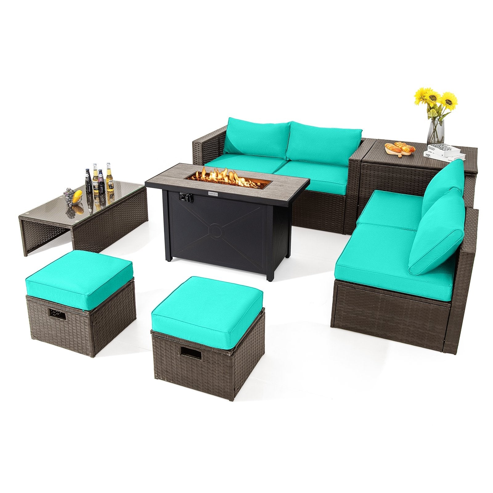 9 Pieces Outdoor Patio Furniture Set with 42 Inch Propane Fire Pit Table, Turquoise Patio Conversation Sets   at Gallery Canada