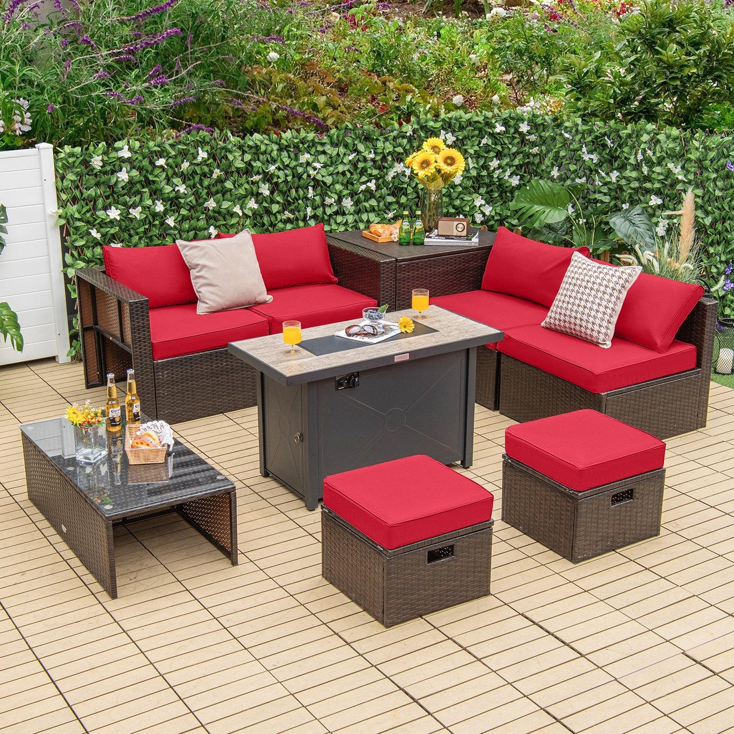 9 Pieces Outdoor Patio Furniture Set with 42 Inch Propane Fire Pit Table, Red Patio Conversation Sets   at Gallery Canada