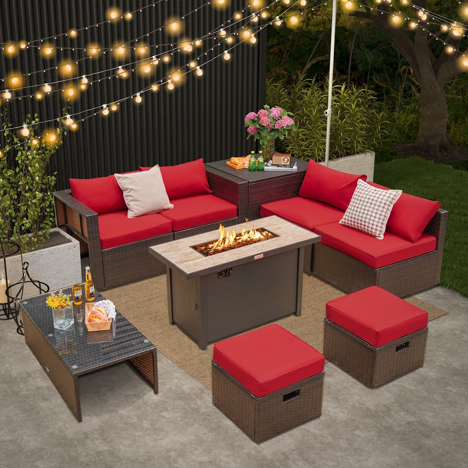 9 Pieces Outdoor Patio Furniture Set with 42 Inch Propane Fire Pit Table, Red Patio Conversation Sets   at Gallery Canada